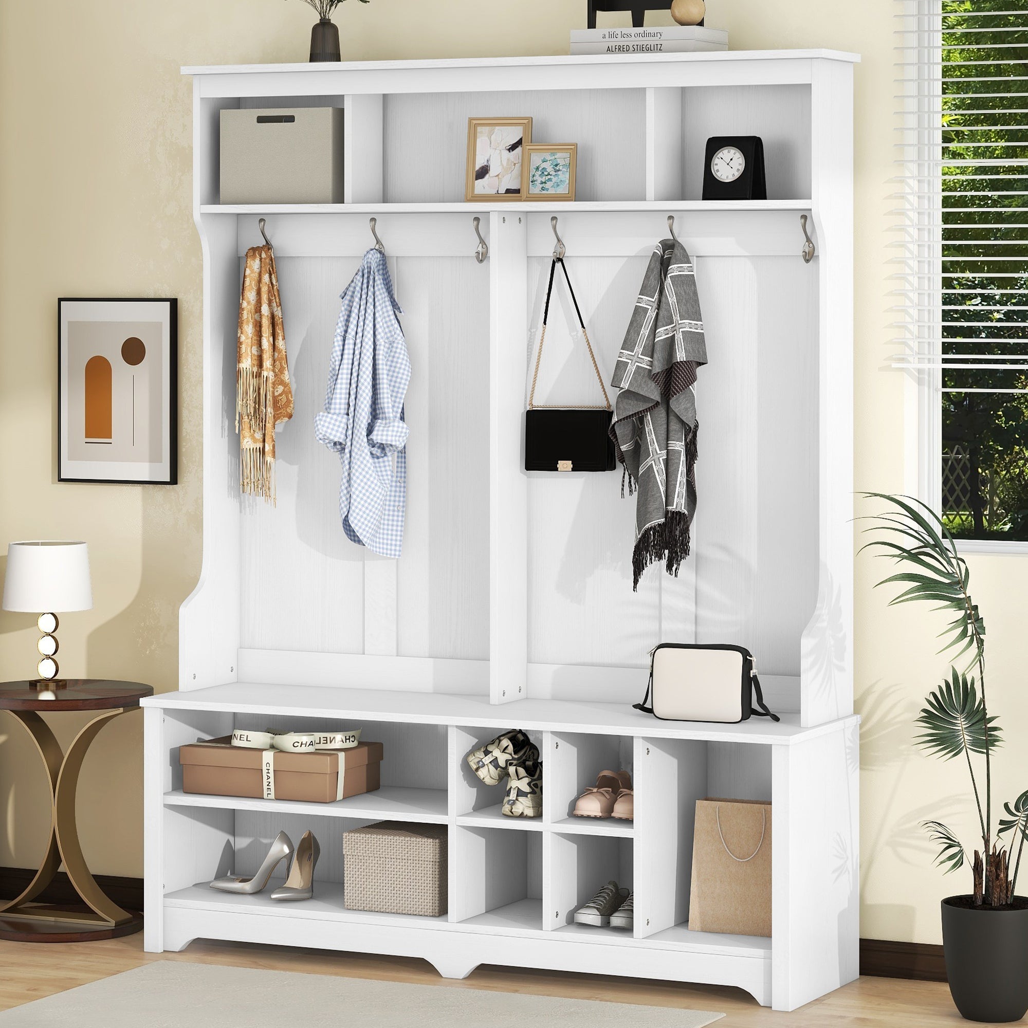 🆓🚛 Modern Hallway Hall Tree With Metal Hooks and Storage Space, Multi-Functional Entryway Coat Rack With Shoe Cubbies, White