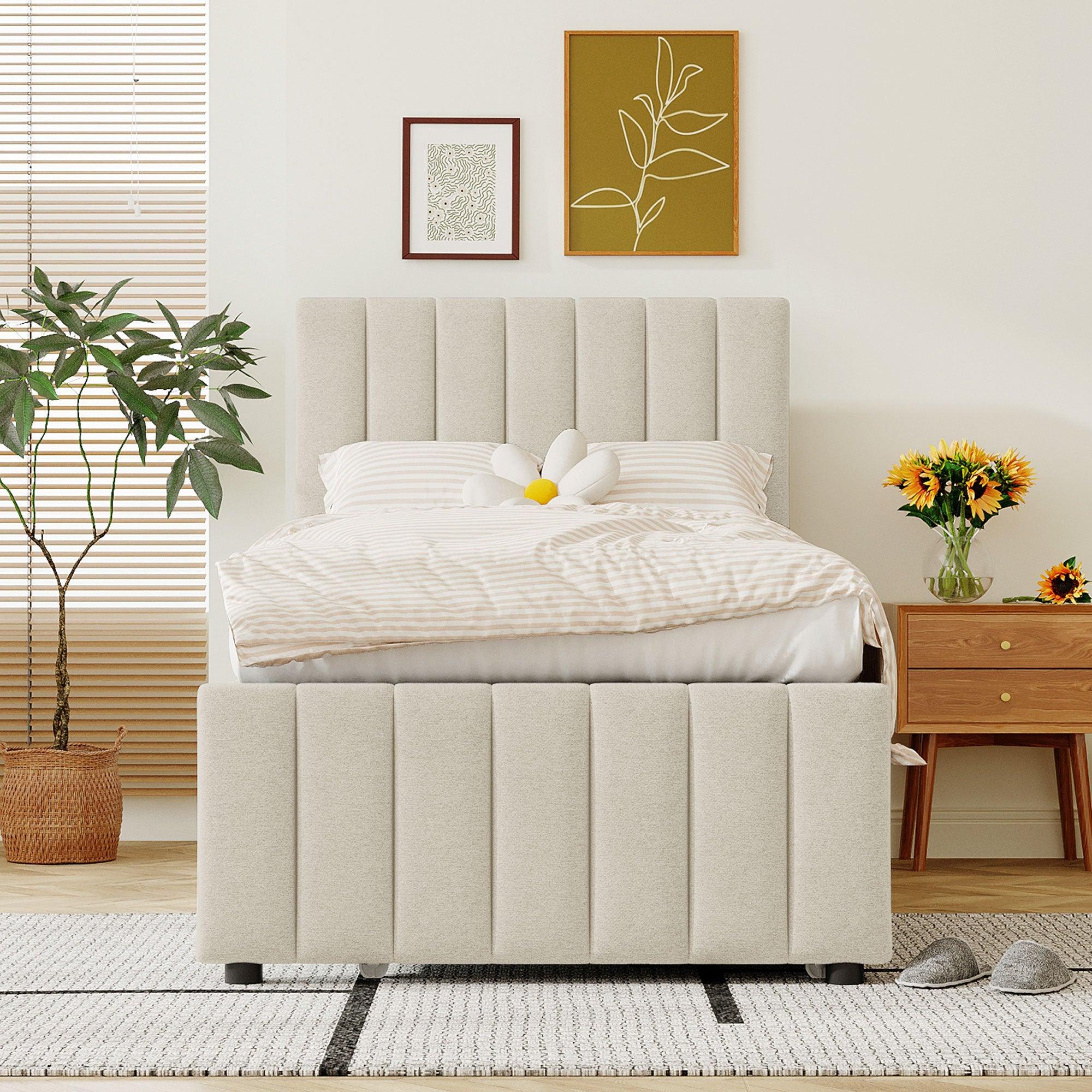 🆓🚛 Twin Size Upholstered Platform Bed With Trundle & 3 Drawers, Linen Fabric, Beige