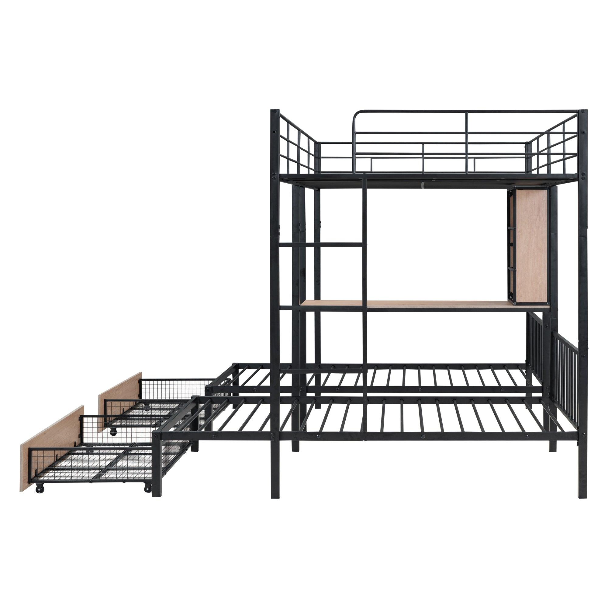 Full Over Twin & Twin Triple Bunk Bed with Drawers, Multi-functional Metal Frame Bed with desks and shelves in the middle, Black