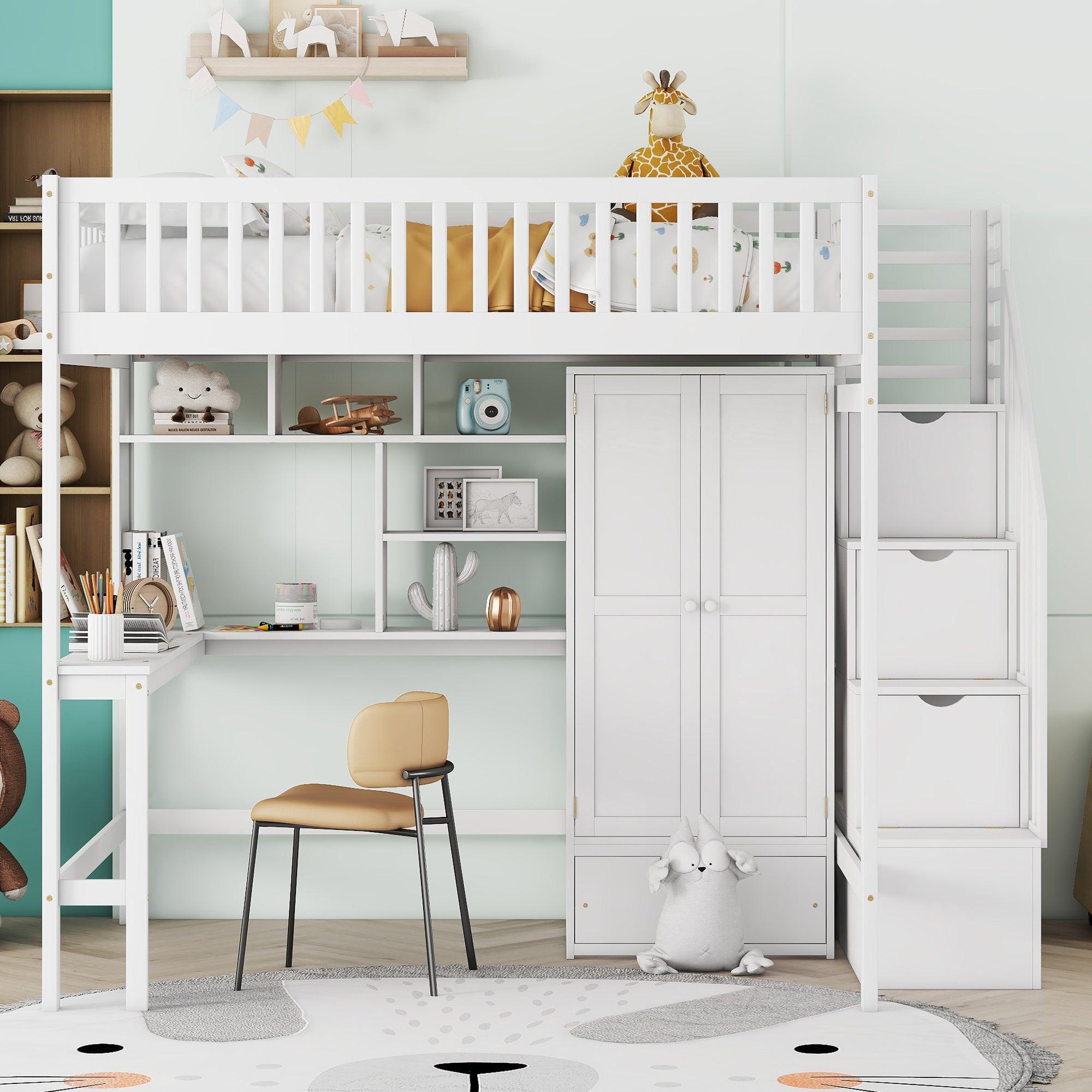 🆓🚛 Full Size Loft Bed With Bookshelf, Drawers, Desk, & Wardrobe-White