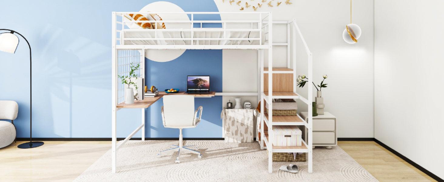 Full Size Metal Loft Bed with Desk and Metal Grid, Stylish Metal Frame Bed with Lateral Storage Ladder and Wardrobe, White