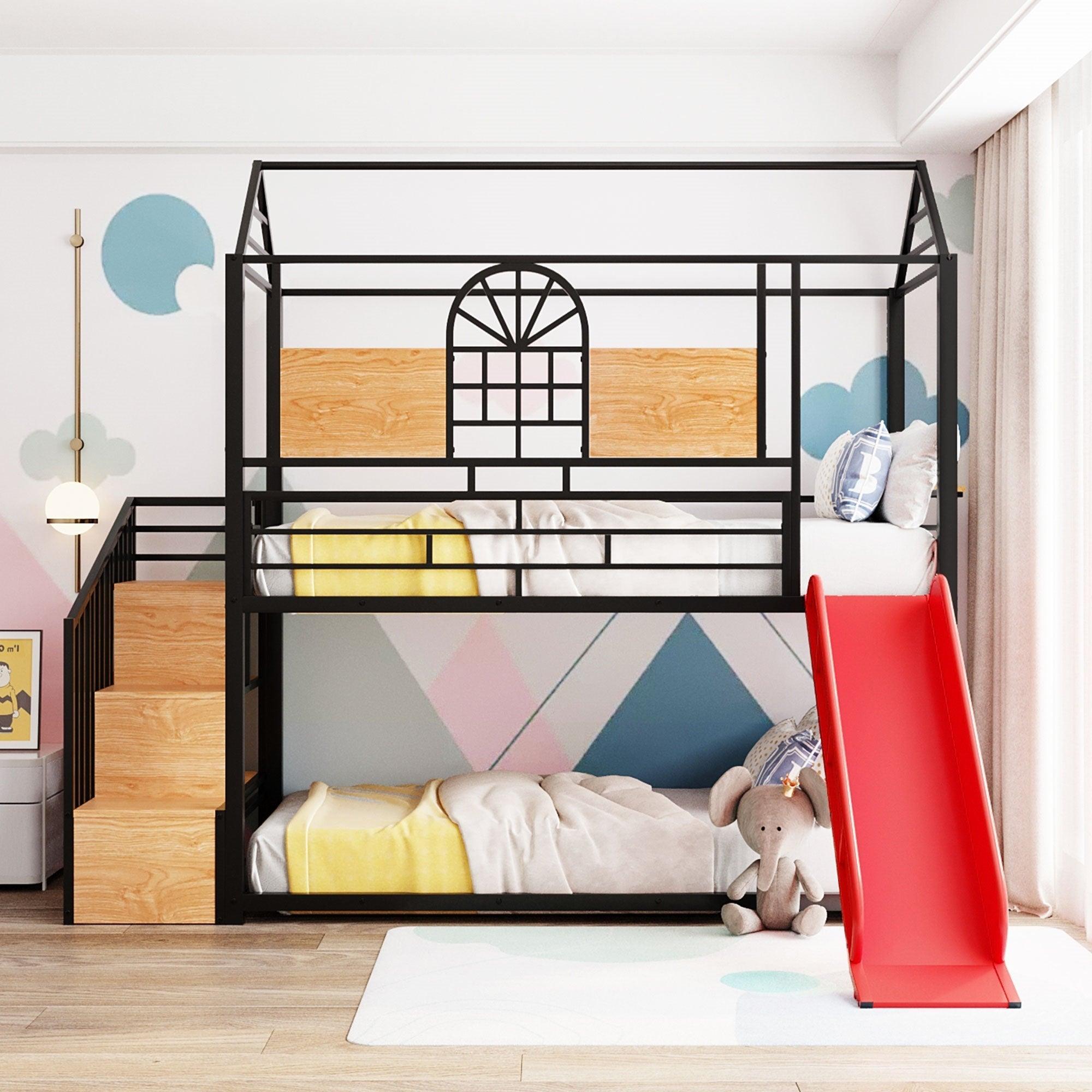 🆓🚛 Twin Over Twin Metal Bunk Bed, Metal Housebed With Slide & Storage Stair, Black With Red Slide