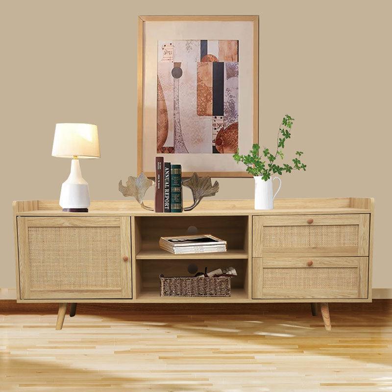 🆓🚛 Mid Century Tv Stand With Rattan-Decorated Doors, Spacious Cabinets, & Adjustable Shelf - Wood Tv Console Table With Drawers - Media Stand for Tv