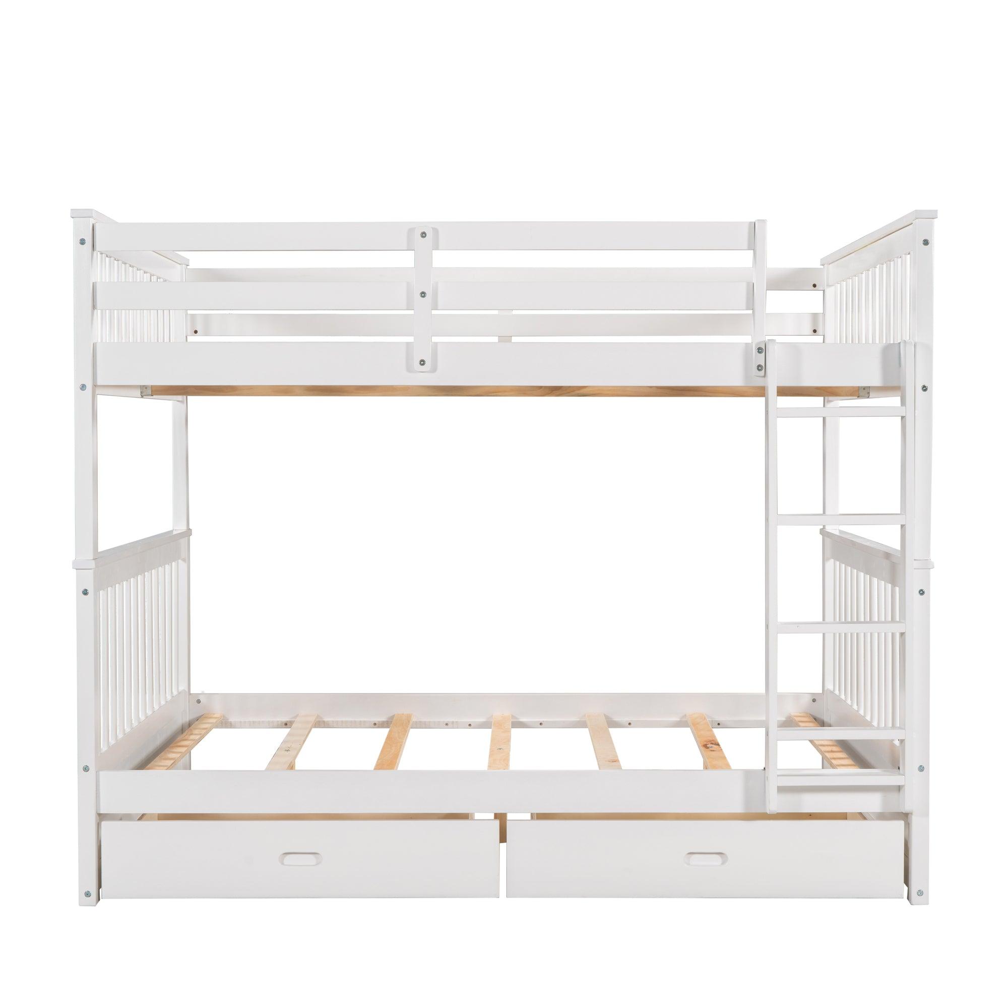 Full-Over-Full Bunk Bed with Ladders and Two Storage Drawers (White)