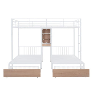 Full Over Twin & Twin Triple Bunk Bed with Drawers, Multi-functional Metal Frame Bed with desks and shelves in the middle, White