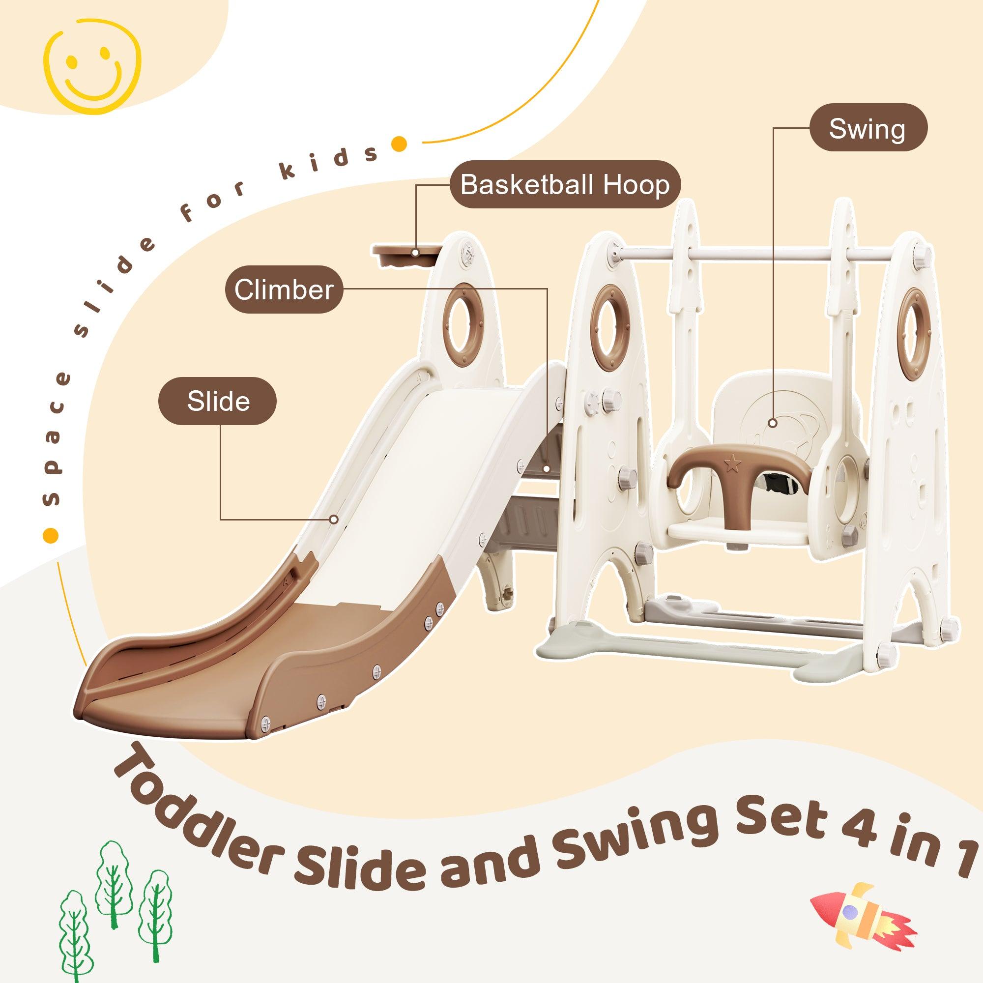 🆓🚛 4 in 1 Toddler Slide & Swing Set, Kids Playground Climber Slide Playset With Basketball Hoop for Babies, Coffee