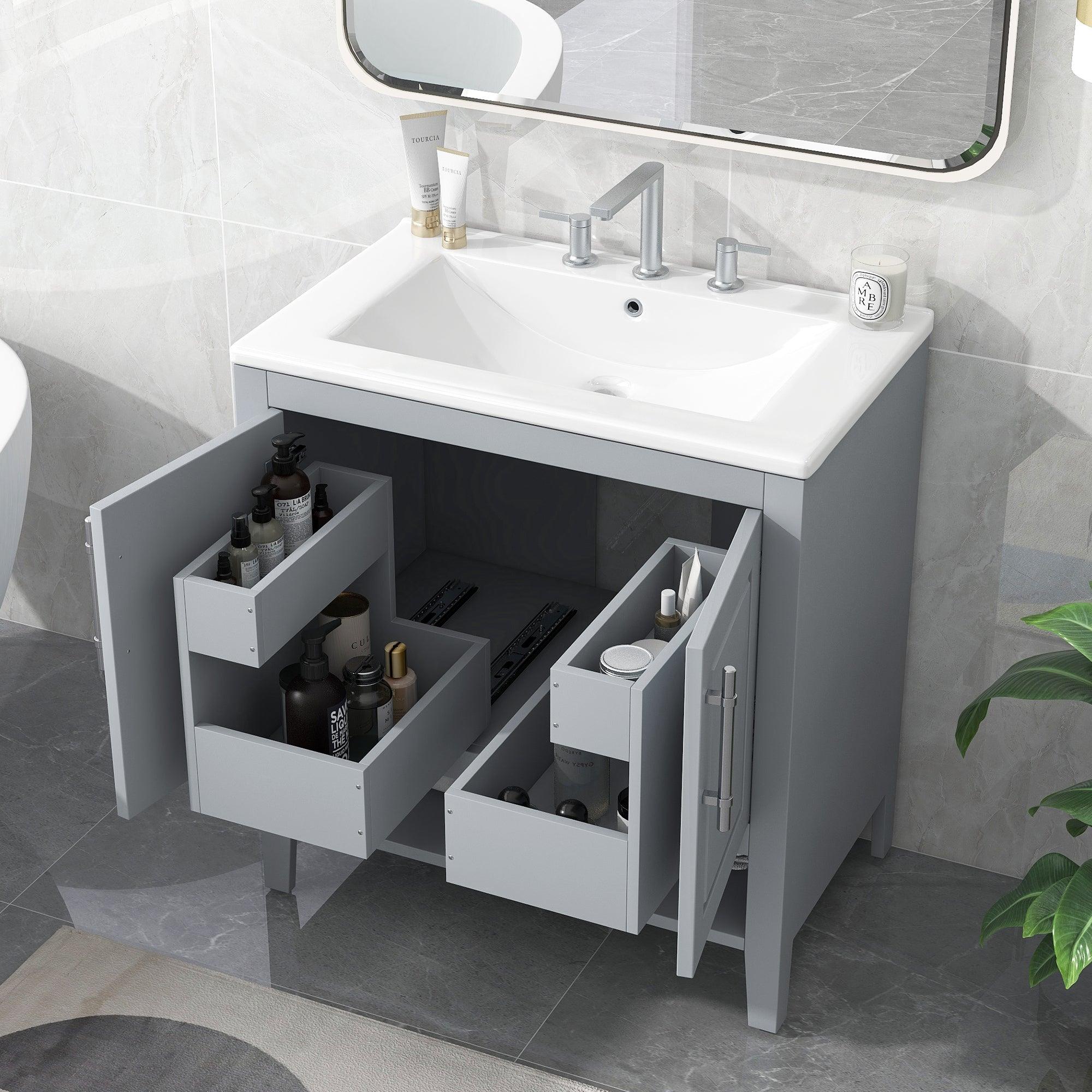 🆓🚛 30" Bathroom Vanity With Sink, Multi-Functional Bathroom Cabinet With Doors & Drawers, Solid Frame & Mdf Board, Gray