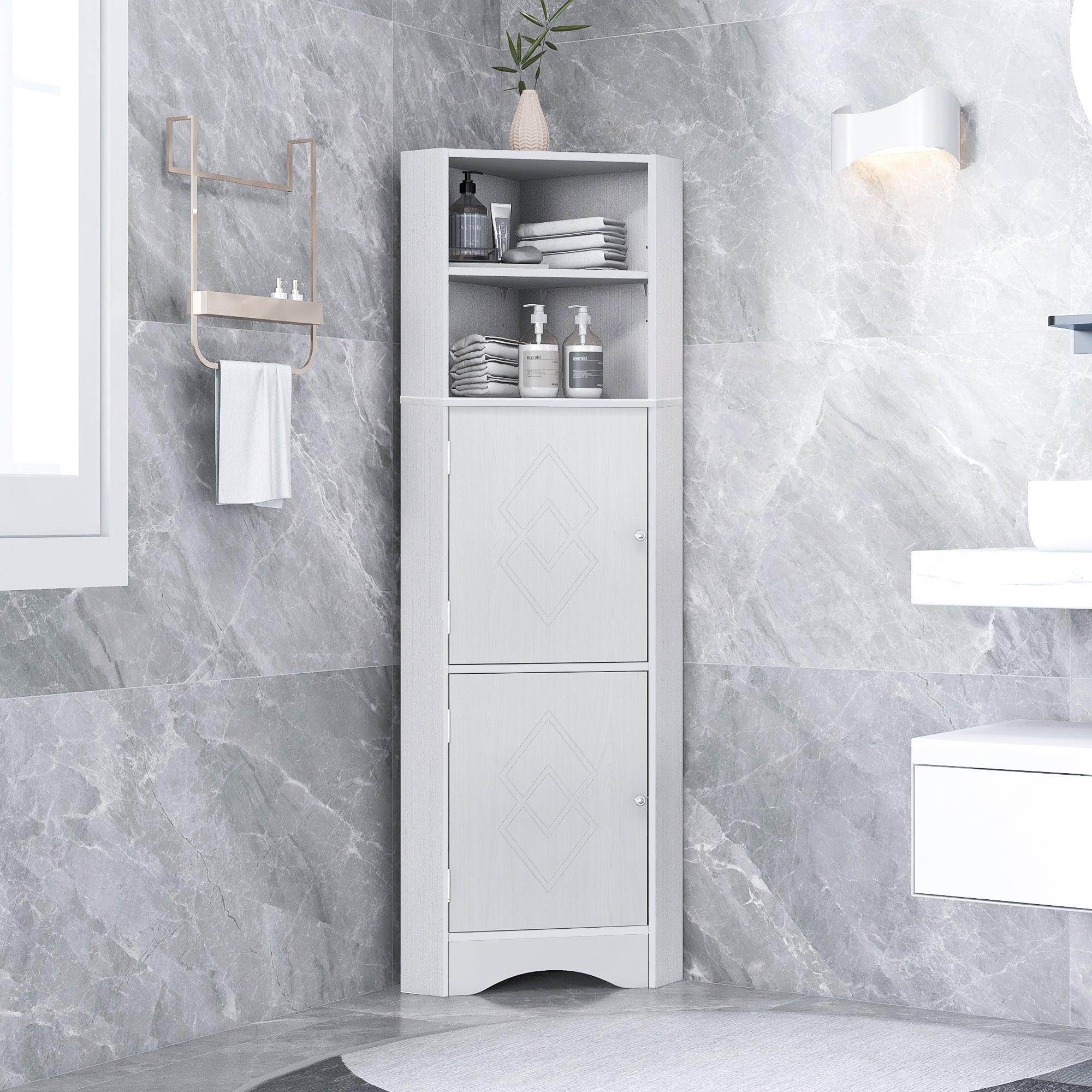 🆓🚛 Tall Bathroom Corner Cabinet, Freestanding Storage Cabinet With Doors & Adjustable Shelves, White