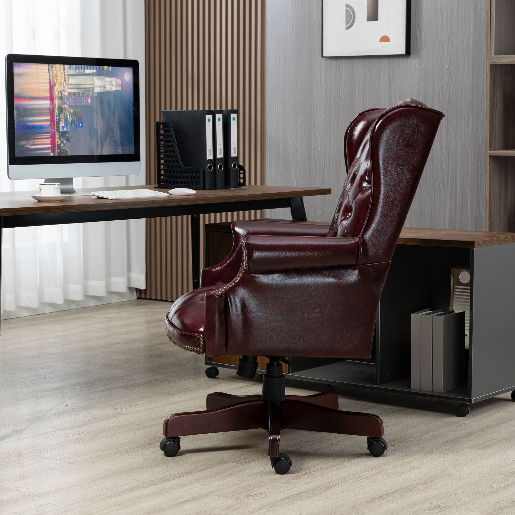 🆓🚛 Executive Office Chair - High Back Reclining Comfortable Desk Chair - Ergonomic Design - Thick Padded Seat and Backrest - Pu Leather Desk Chair With Smooth Glide Caster Wheels, Burgundy