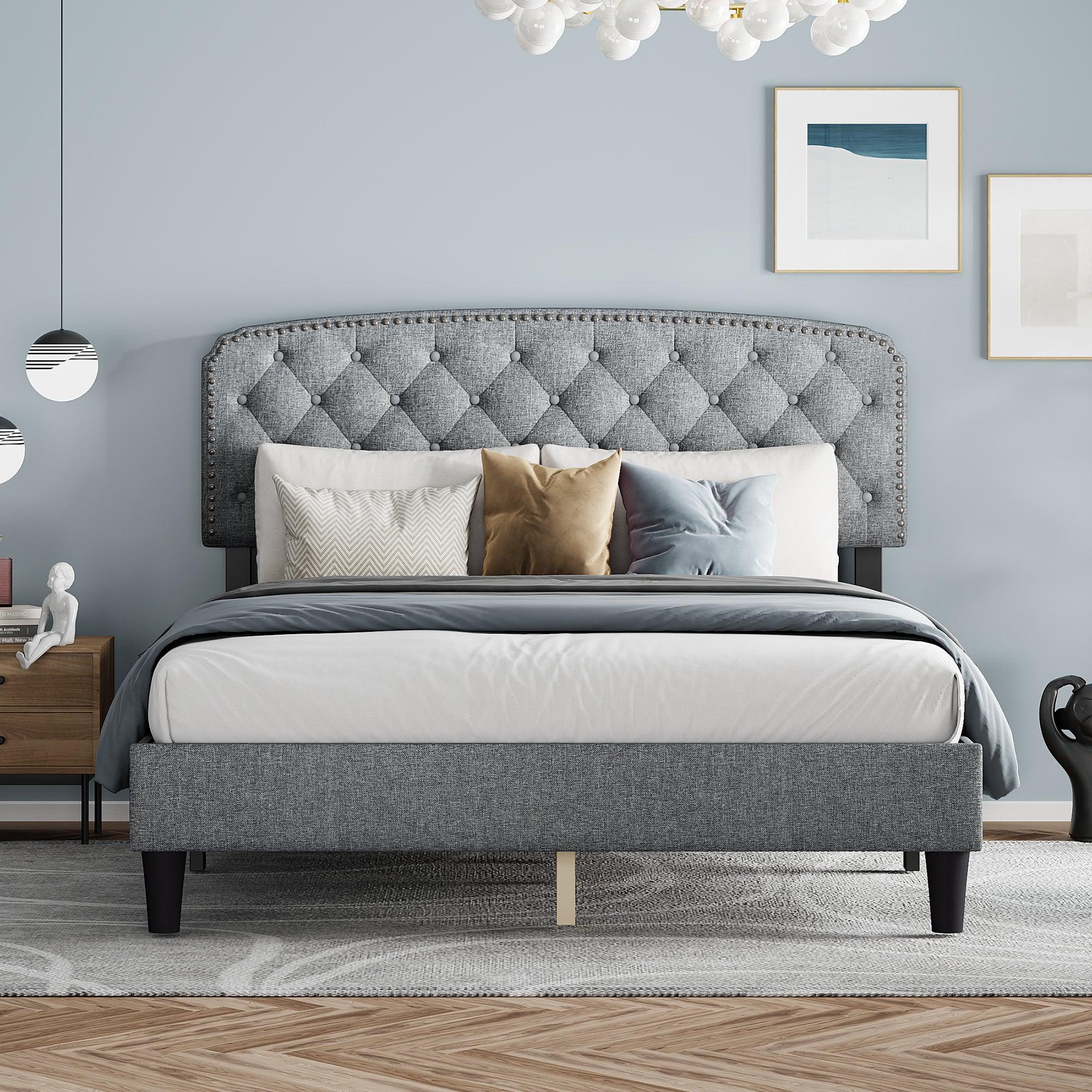 🆓🚛 Queen Size Adjustable Headboard With Fine Linen Upholstery & Button Tufting for Bedroom, Wave Top Light Gray