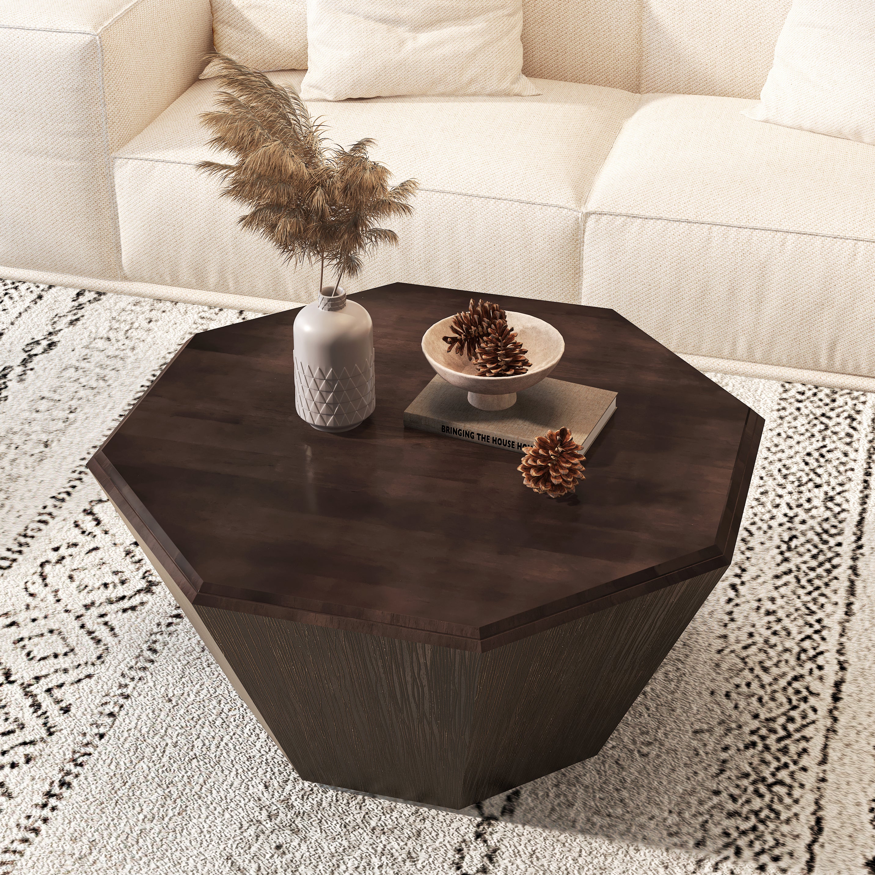 31.5" Octagonal Black Walnut Rubber Wood Coffee Table, Coffee Table, Living Room Bedroom