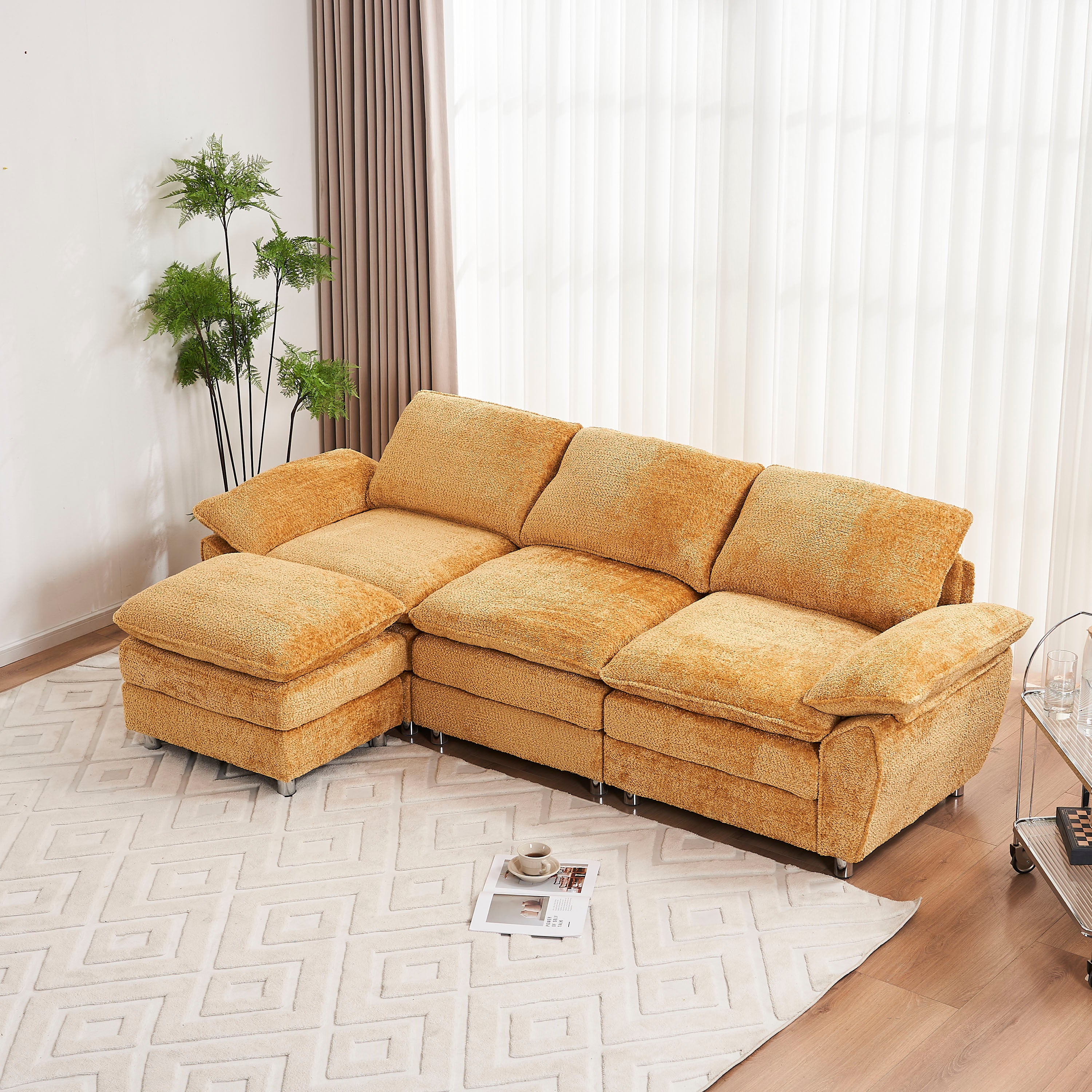 🆓🚛 Modern Deep 3-Seat Sofa Couch With Ottoman, Polyester Sofa Sleeper Comfy Upholstered Furniture for Living Room, Apartment, Studio, Office, Yellow