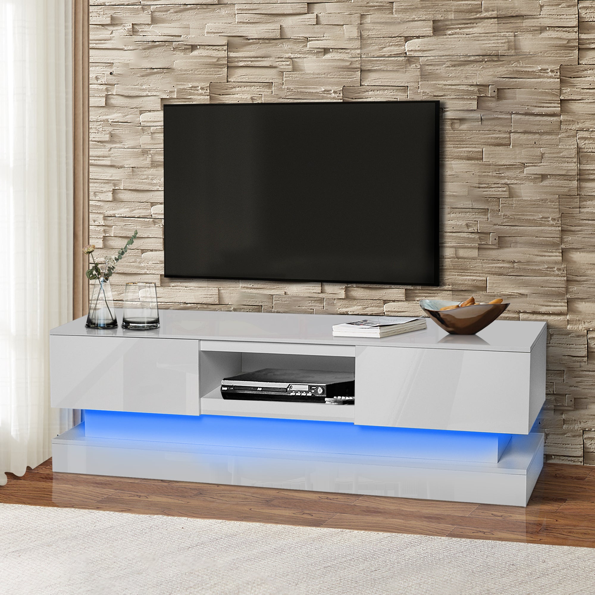 🆓🚛 63" Tv Stand With Led Lights, High Glossy Front Tv Cabinet, Can Be Assembled In Lounge Room, Living Room Or Bedroom, White