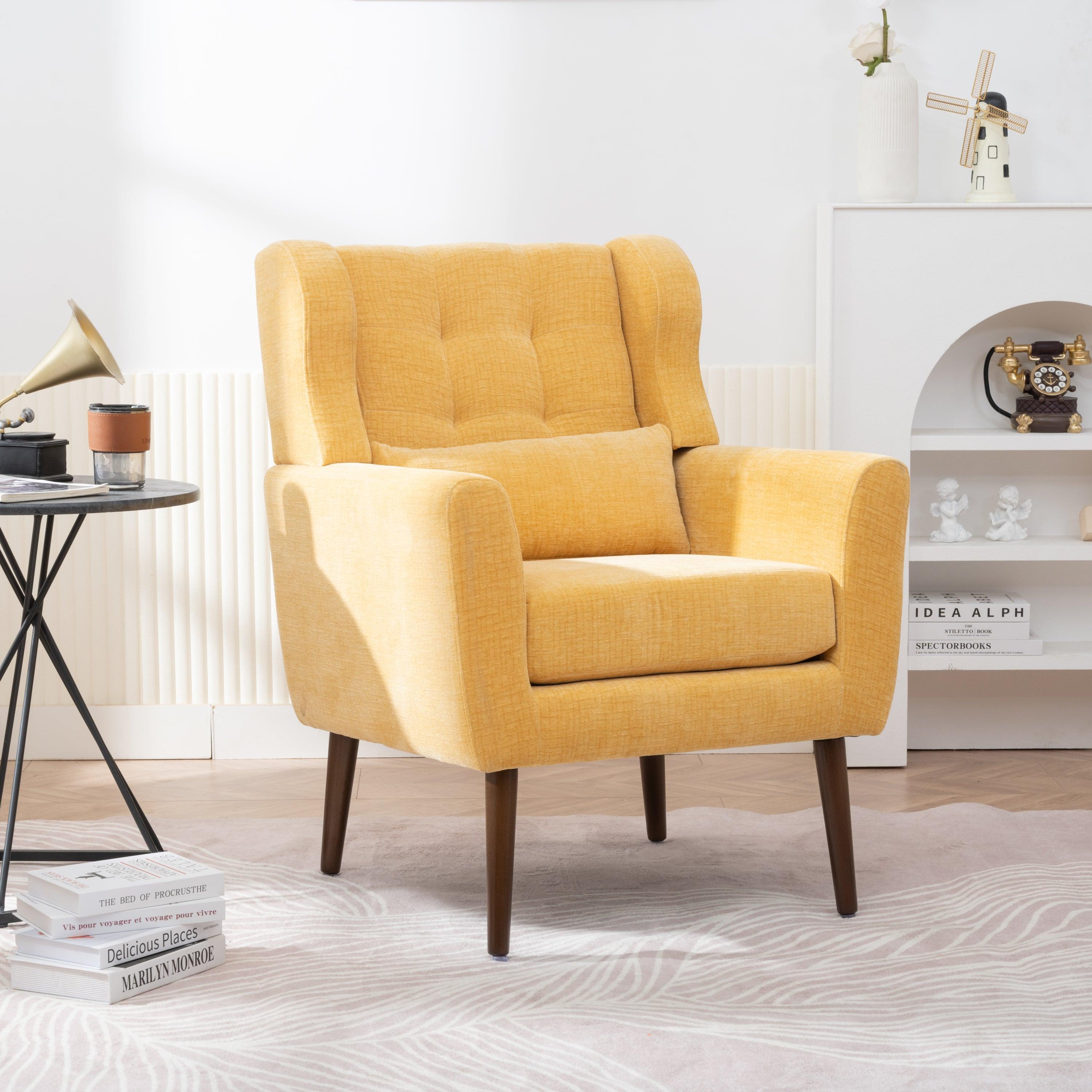 🆓🚛 Modern Accent Chair Upholstered Foam Filled Living Room Chairs Comfy Reading Chair Mid Century Modern Chair With Chenille Fabric Lounge Arm Chairs Armchair for Living Room Bedroom (Yellow)