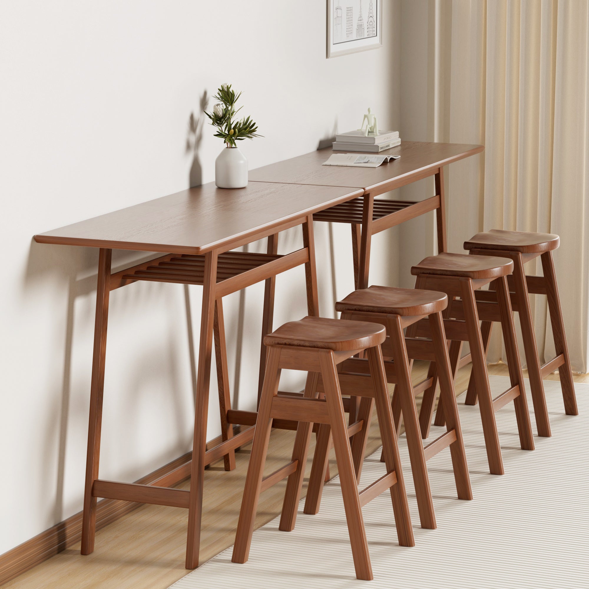 3 Pcs Pub Dining Set Retro Bar Table Rubber Wood Stackable Backless High Stool for 2 With Shelf and Hooks for Home Bar Small Space