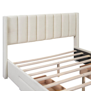 Full Size Upholstered Platform Bed with One Large Drawer in the Footboard and Drawer on Each Side, Beige