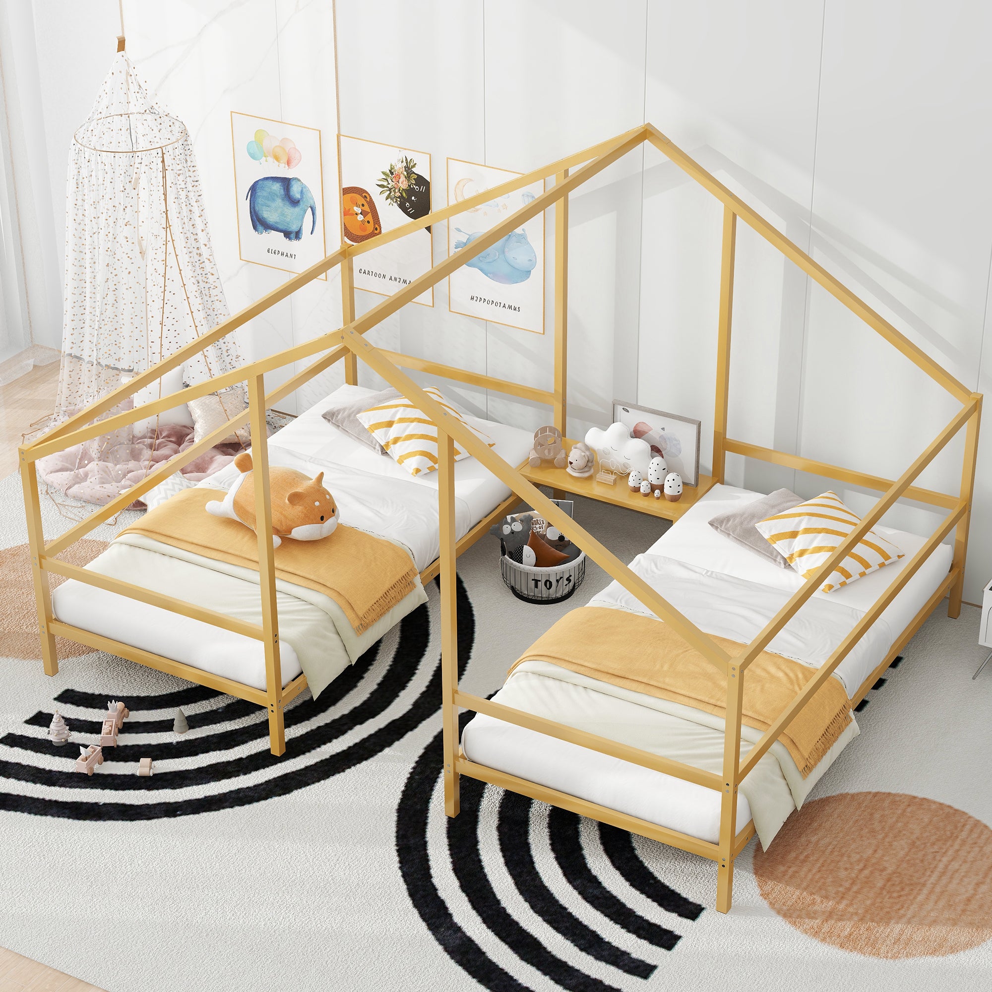 Metal Double Twin Size Triangular House Beds with Built-in Table, Gold