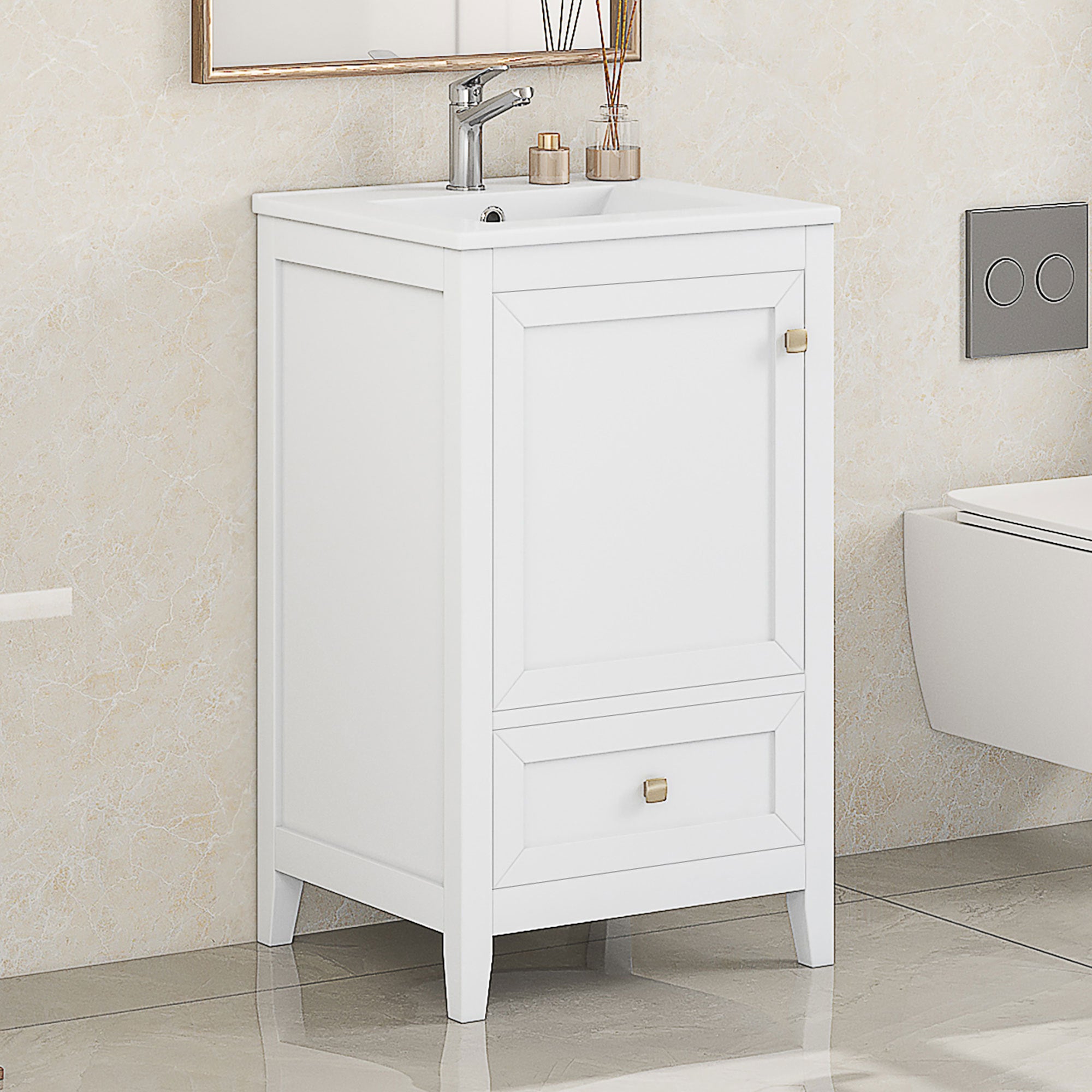 20" Bathroom Vanity With Sink, Bathroom Cabinet With Soft Closing Door, Storage Rack and a Drawer, White