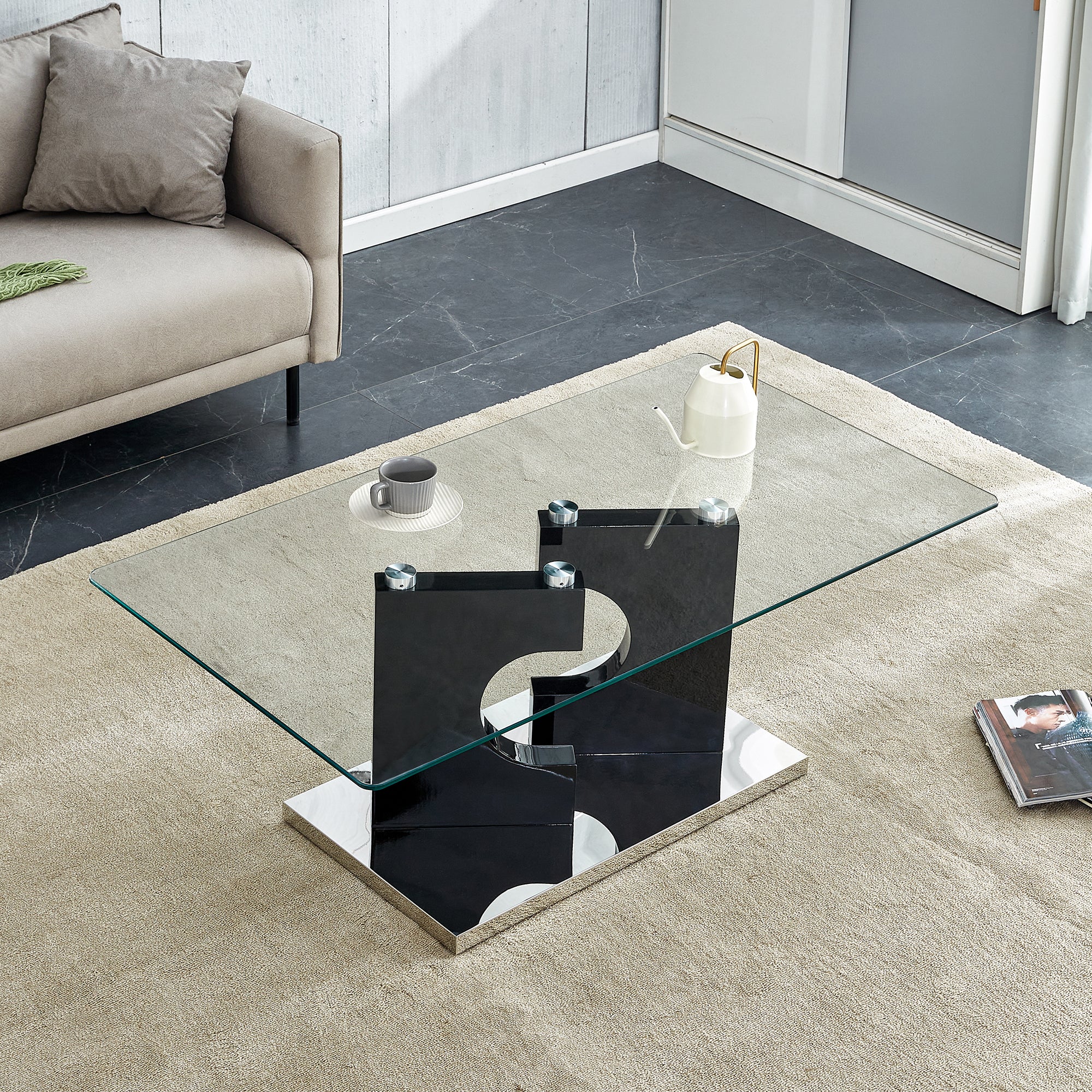 🆓🚛 Rectangular Modern and Fashionable Coffee Table, Tempered Glass Tabletop, Black Legs