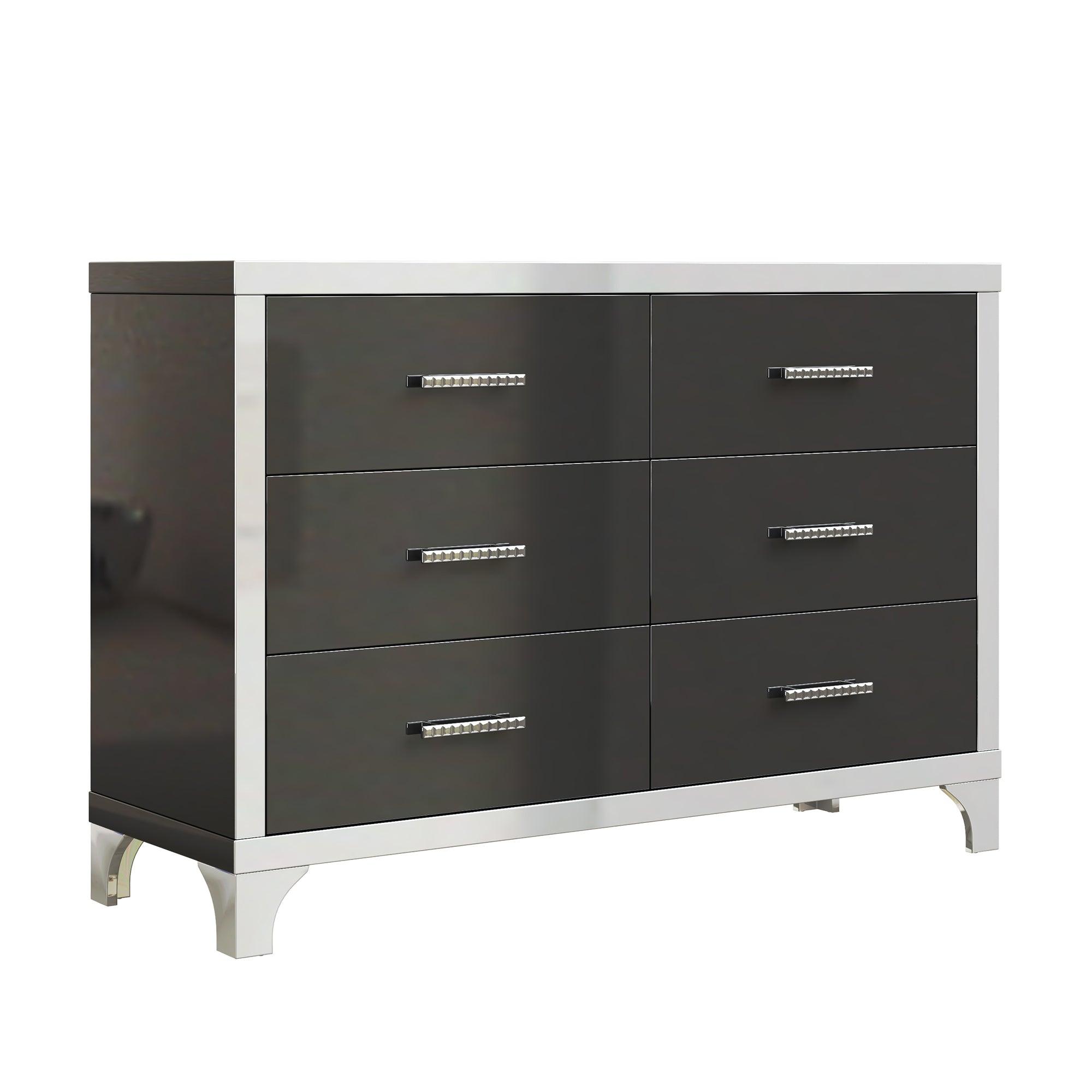 Elegant High Gloss Dresser with Metal Handle, Mirrored Storage Cabinet with 6 Drawers for Bedroom, Living Room, Black