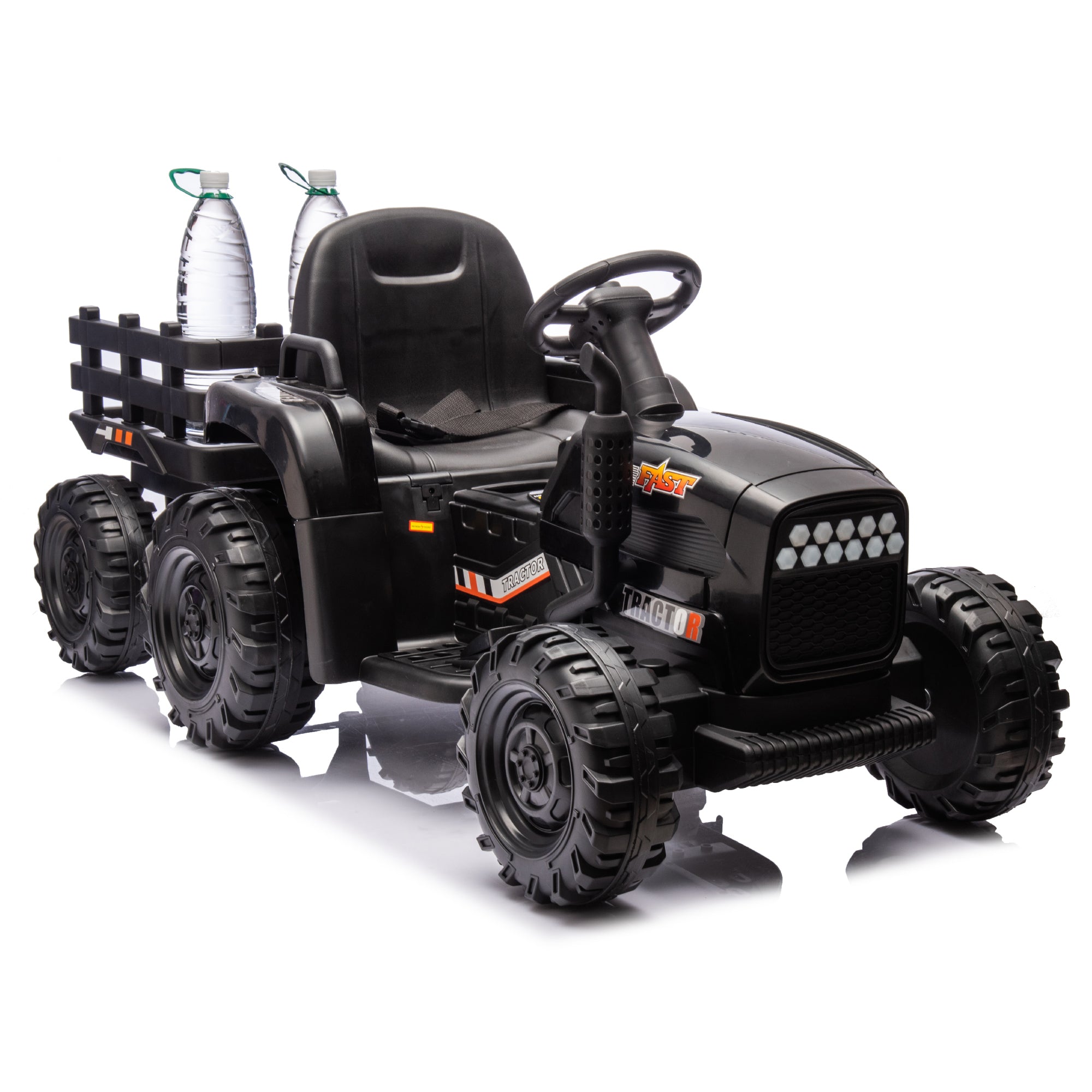 🆓🚛 Ride On Tractor With Trailer, 24V Battery Powered Electric Tractor Toy, 200W*2Motor 1.86-4.97Mph/Remote Control, Electric Car for Kids, Three Speed Adjustable, USB, Mp3, Bluetooth, Led Light, Safety Belt, Black