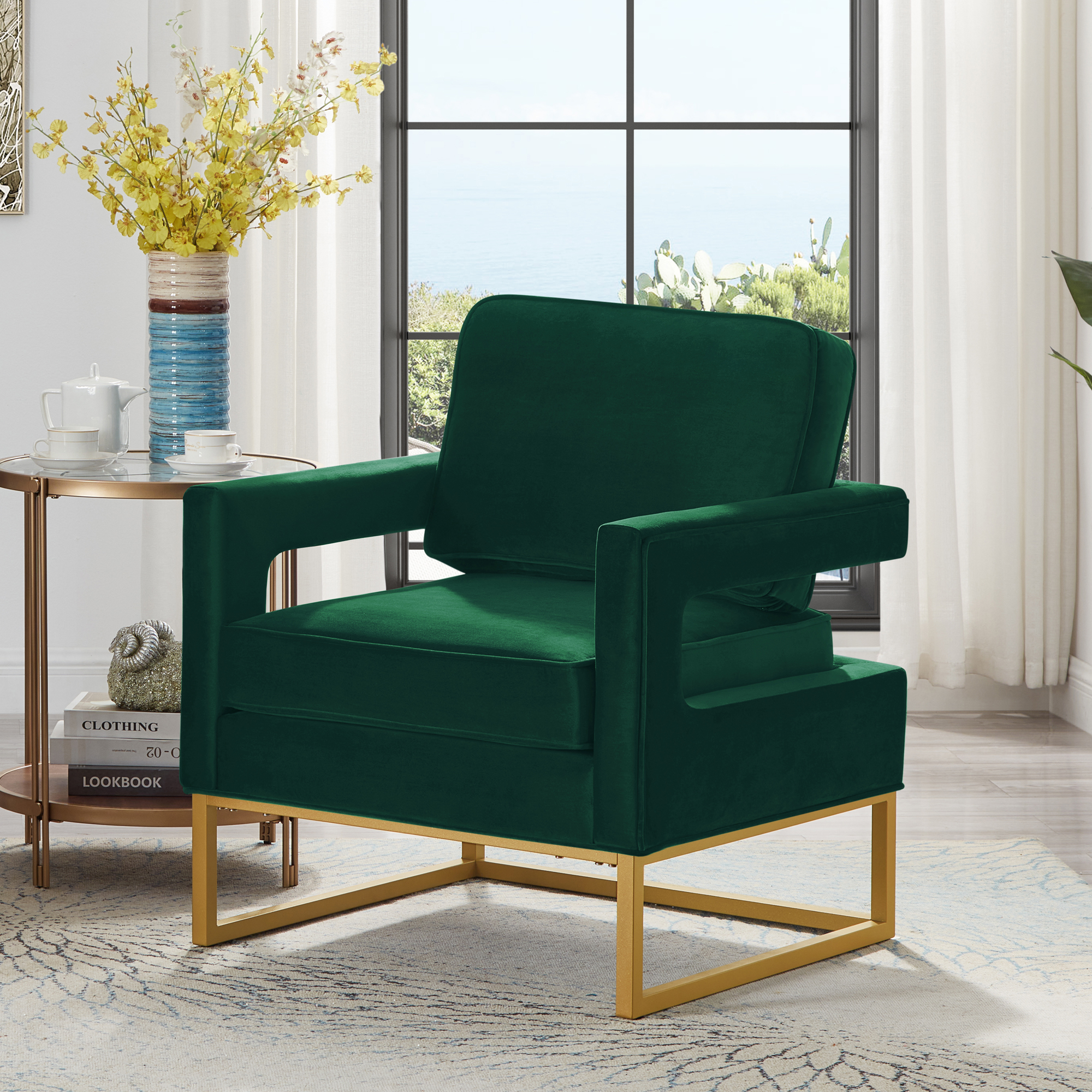 🆓🚛 Modern Style Accent Chair With Gold Metal Base, Velvet Upholstered Leisure Chair With Open Armrest, Armchair, Jade