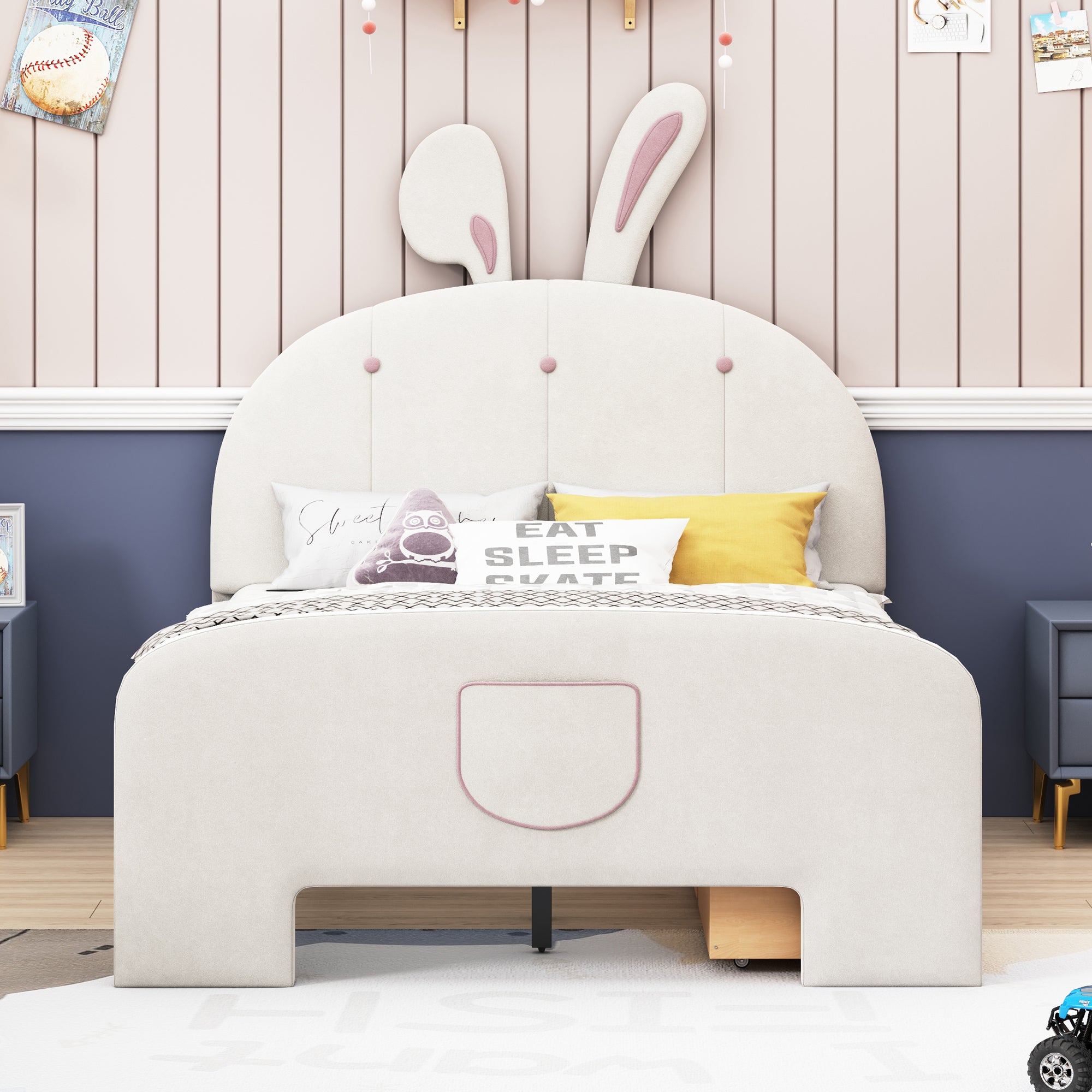 Full Size Velvet Platform Bed with Rabbit-Shaped Headboard, with Drawers, with Bed-End Storage Pocket, Beige