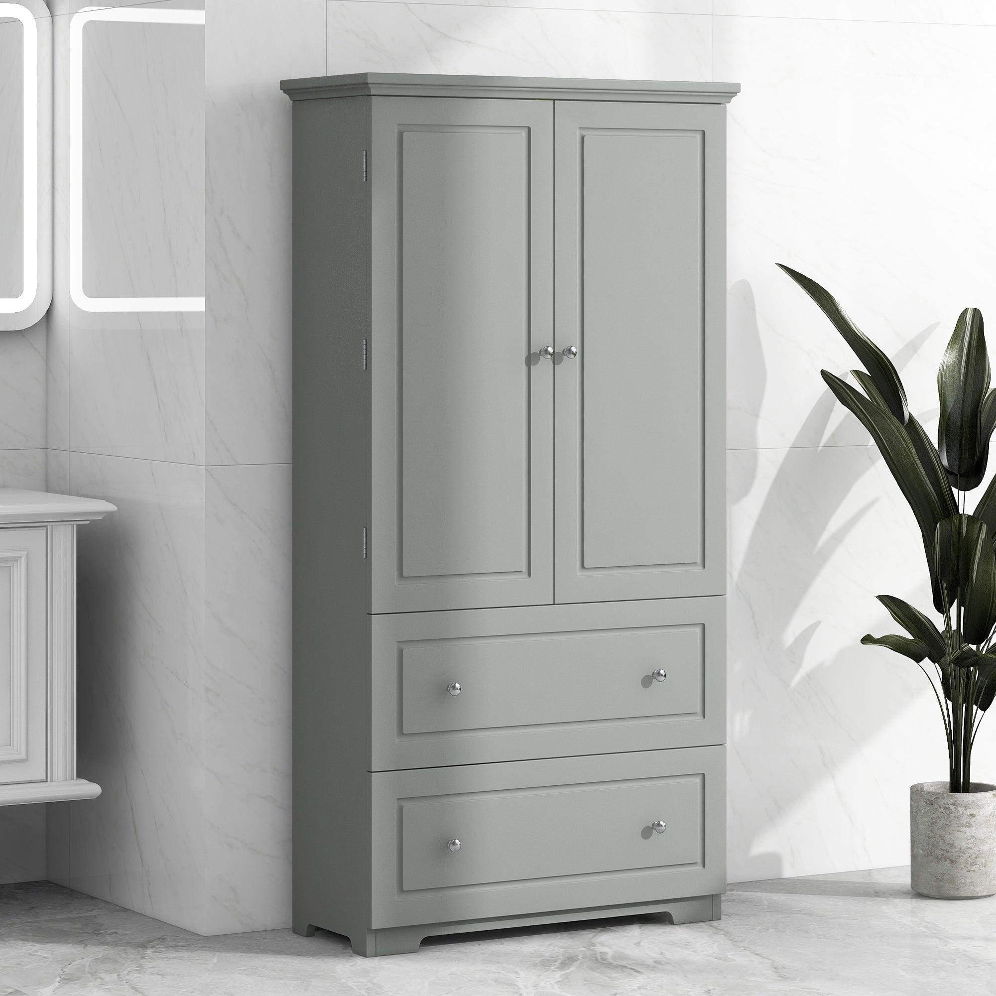 🆓🚛 Wide Bathroom Storage Cabinet, Freestanding Storage Cabinet With Two Drawers & Adjustable Shelf, Mdf Board With Painted Finish, Gray