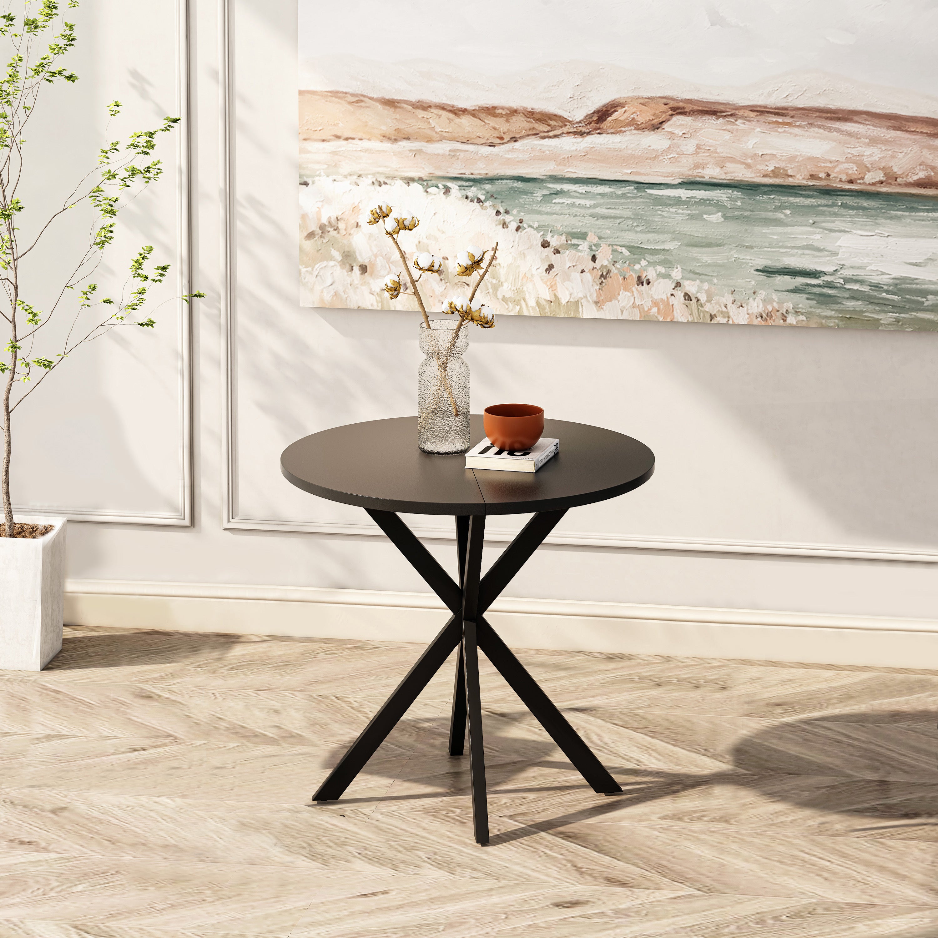 31.5'' Modern Round Dining Table With Crossed Legs, Black Occasional Table, Two Piece Detachable Table Top, Matte Finish Iron Legs