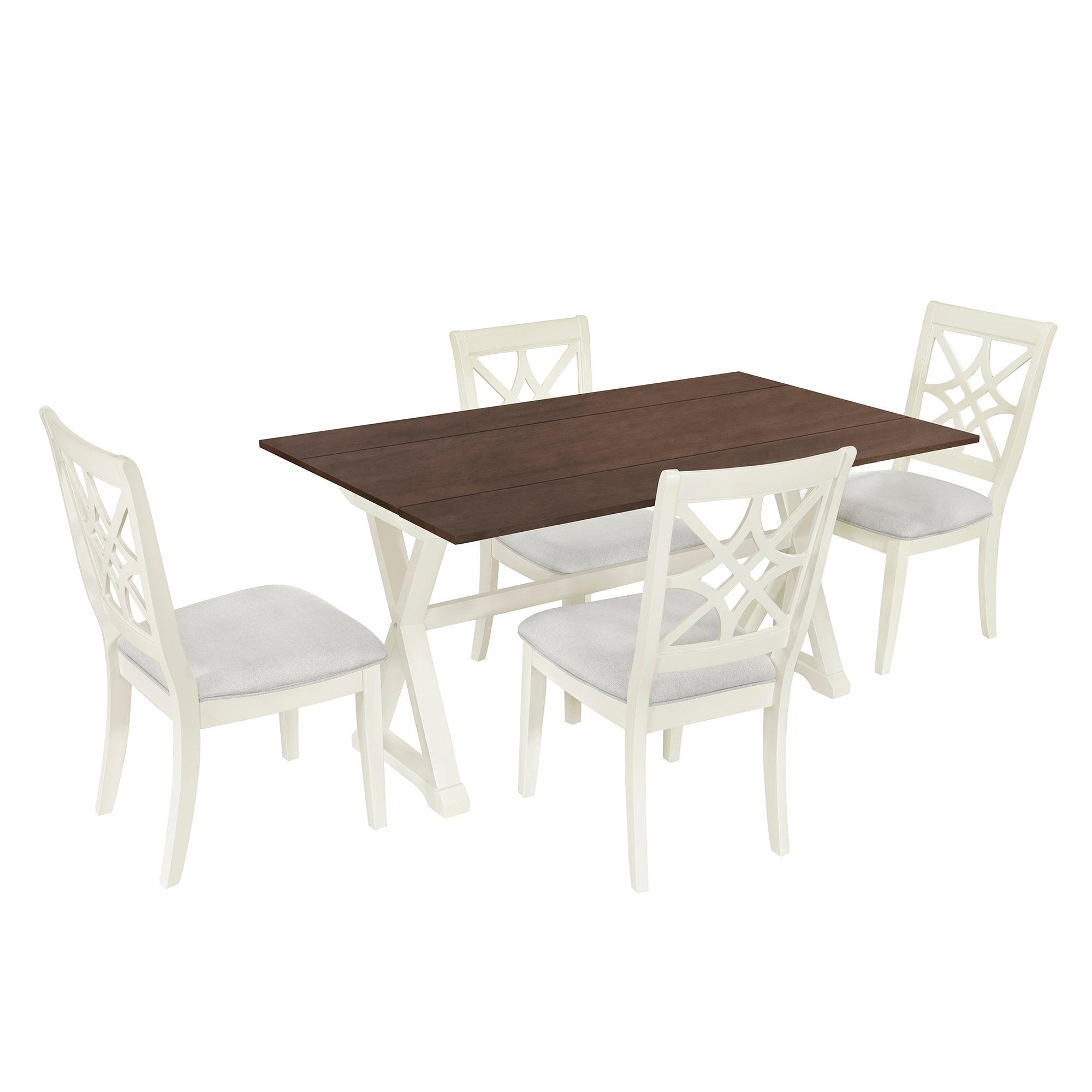 5-Piece 62*35.2Inch Extendable Rubber Wood Dining Table Set With X-Shape Legs, Console Table With Two 8.8Inch-Wide Flip Lids And Upholstered Dining Chairs , Beige LamCham