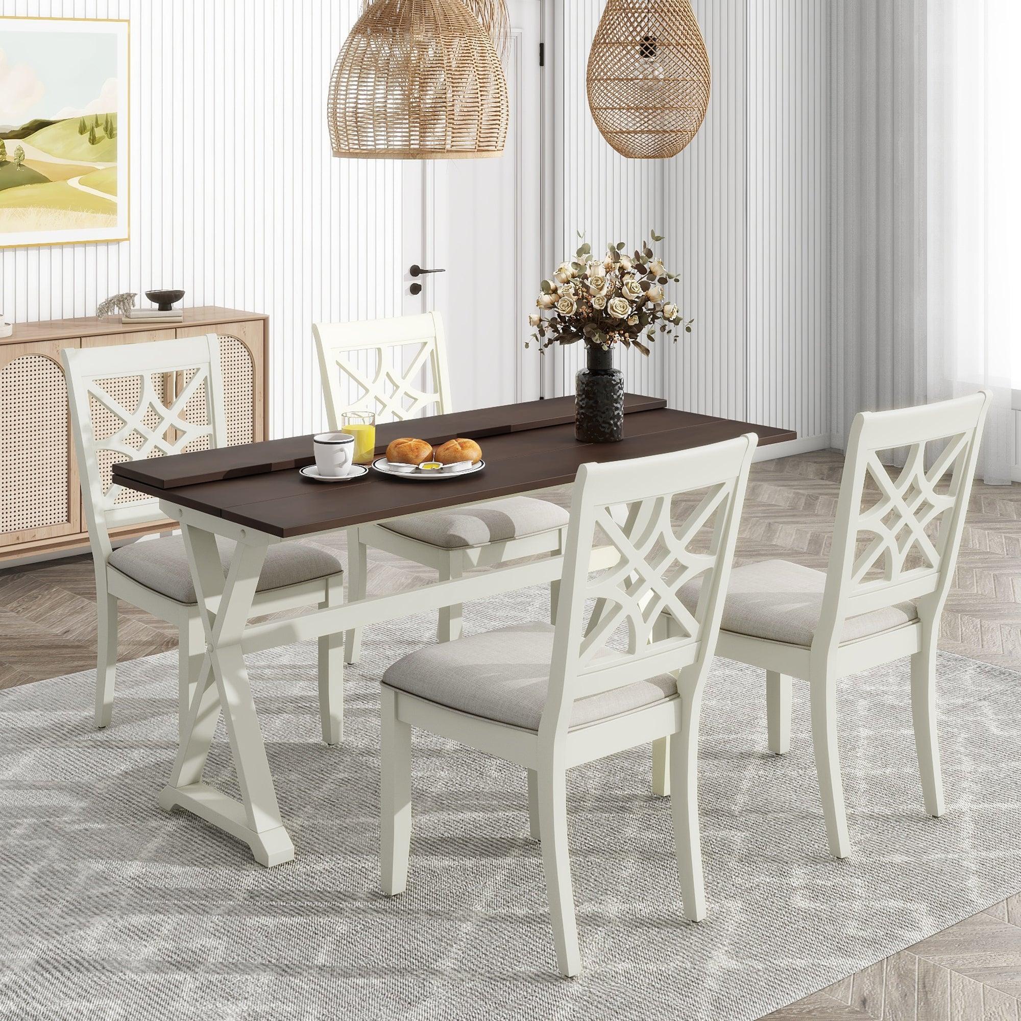 5-Piece 62*35.2Inch Extendable Rubber Wood Dining Table Set With X-Shape Legs, Console Table With Two 8.8Inch-Wide Flip Lids And Upholstered Dining Chairs , Beige LamCham