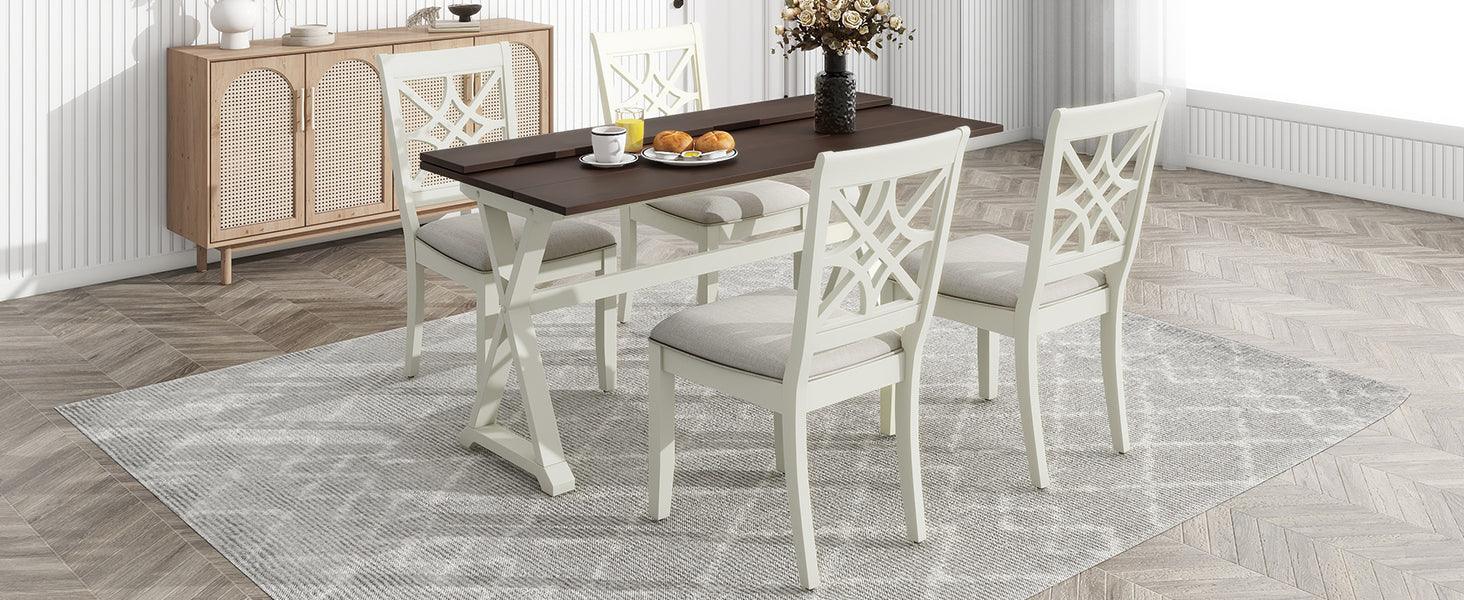 5-Piece 62*35.2Inch Extendable Rubber Wood Dining Table Set With X-Shape Legs, Console Table With Two 8.8Inch-Wide Flip Lids And Upholstered Dining Chairs , Beige LamCham