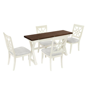 5-Piece 62*35.2Inch Extendable Rubber Wood Dining Table Set With X-Shape Legs, Console Table With Two 8.8Inch-Wide Flip Lids And Upholstered Dining Chairs , Beige LamCham