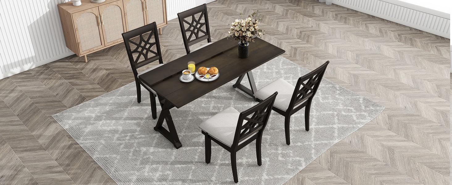 5-Piece 62*35.2Inch Extendable Rubber Wood Dining Table Set With X-Shape Legs, Console Table With Two 8.8Inch-Wide Flip Lids And Upholstered Dining Chairs , Dark Walnut LamCham