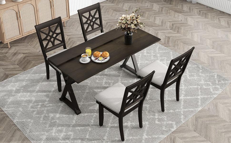 5-Piece 62*35.2Inch Extendable Rubber Wood Dining Table Set With X-Shape Legs, Console Table With Two 8.8Inch-Wide Flip Lids And Upholstered Dining Chairs , Dark Walnut LamCham