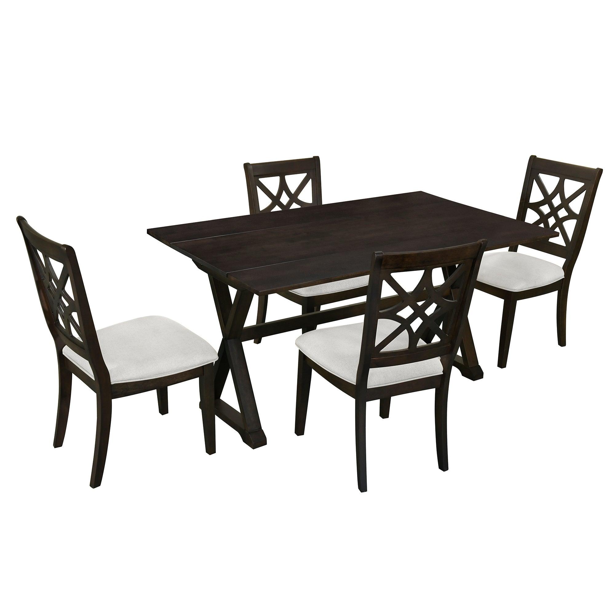 5-Piece 62*35.2Inch Extendable Rubber Wood Dining Table Set With X-Shape Legs, Console Table With Two 8.8Inch-Wide Flip Lids And Upholstered Dining Chairs , Dark Walnut LamCham