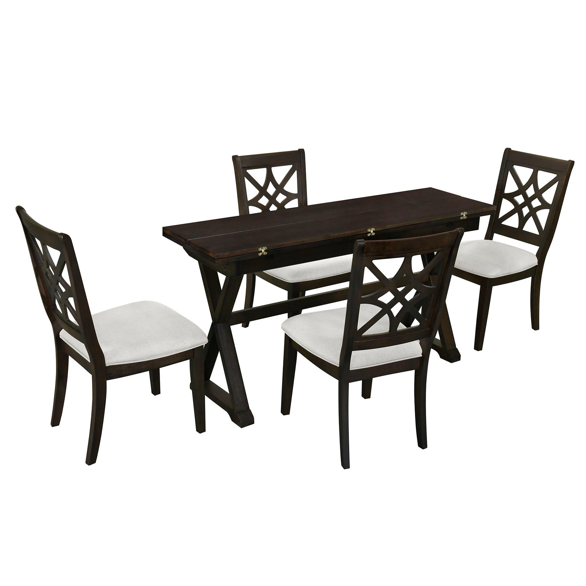 5-Piece 62*35.2Inch Extendable Rubber Wood Dining Table Set With X-Shape Legs, Console Table With Two 8.8Inch-Wide Flip Lids And Upholstered Dining Chairs , Dark Walnut LamCham