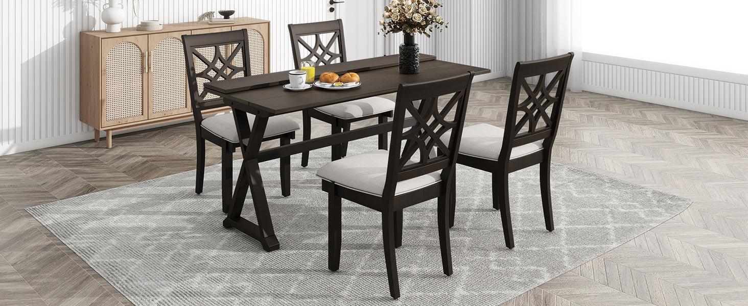 5-Piece 62*35.2Inch Extendable Rubber Wood Dining Table Set With X-Shape Legs, Console Table With Two 8.8Inch-Wide Flip Lids And Upholstered Dining Chairs , Dark Walnut LamCham