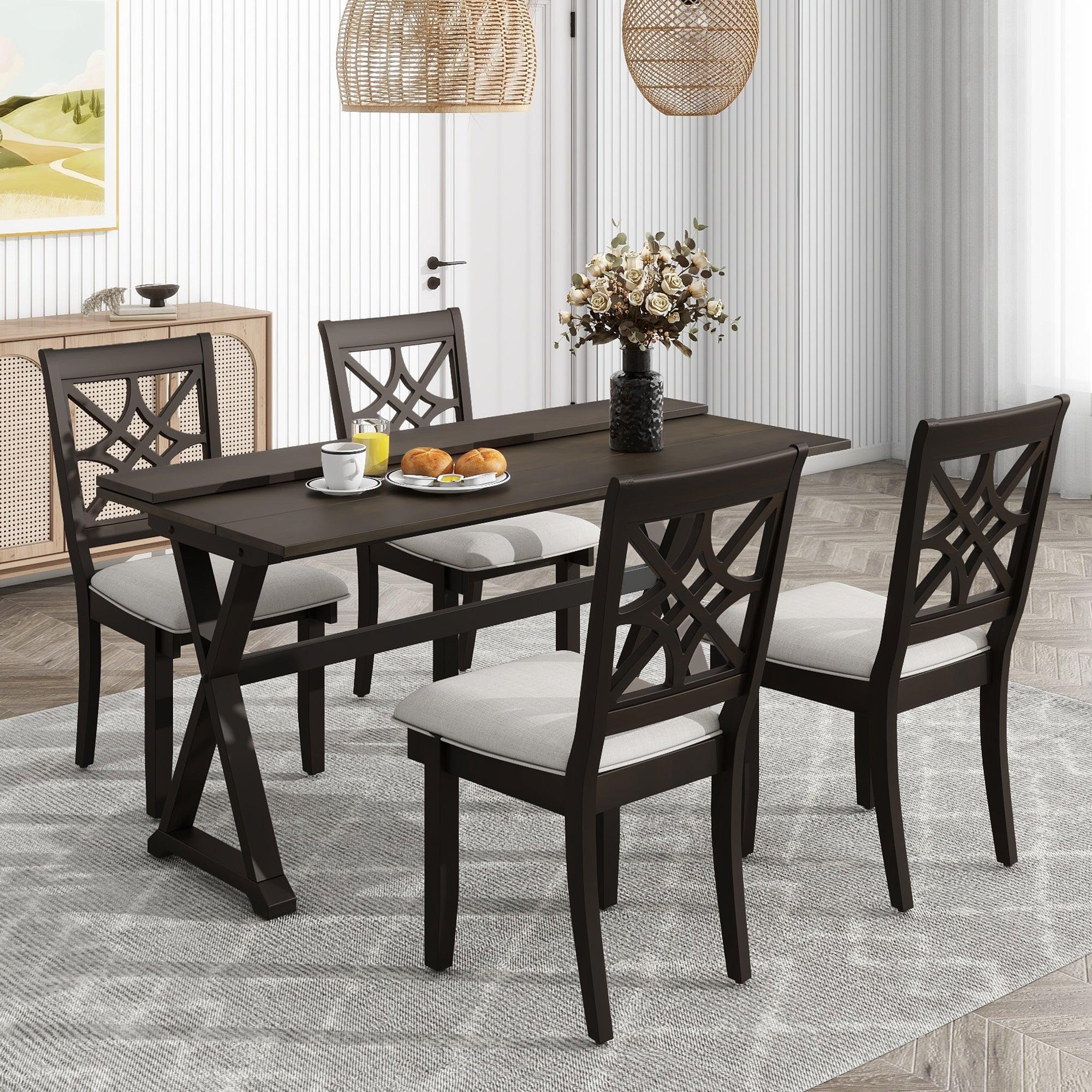 5-Piece 62*35.2Inch Extendable Rubber Wood Dining Table Set With X-Shape Legs, Console Table With Two 8.8Inch-Wide Flip Lids And Upholstered Dining Chairs , Dark Walnut LamCham