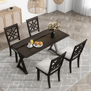 5-Piece 62*35.2Inch Extendable Rubber Wood Dining Table Set With X-Shape Legs, Console Table With Two 8.8Inch-Wide Flip Lids And Upholstered Dining Chairs , Dark Walnut LamCham