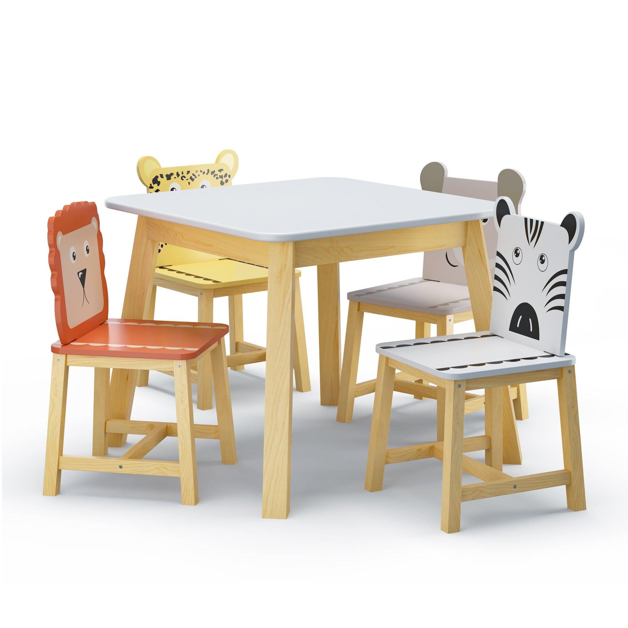 5 Piece Kids Wood Table And Cartoon Animals Chair Set (3-8 Years Old) LamCham