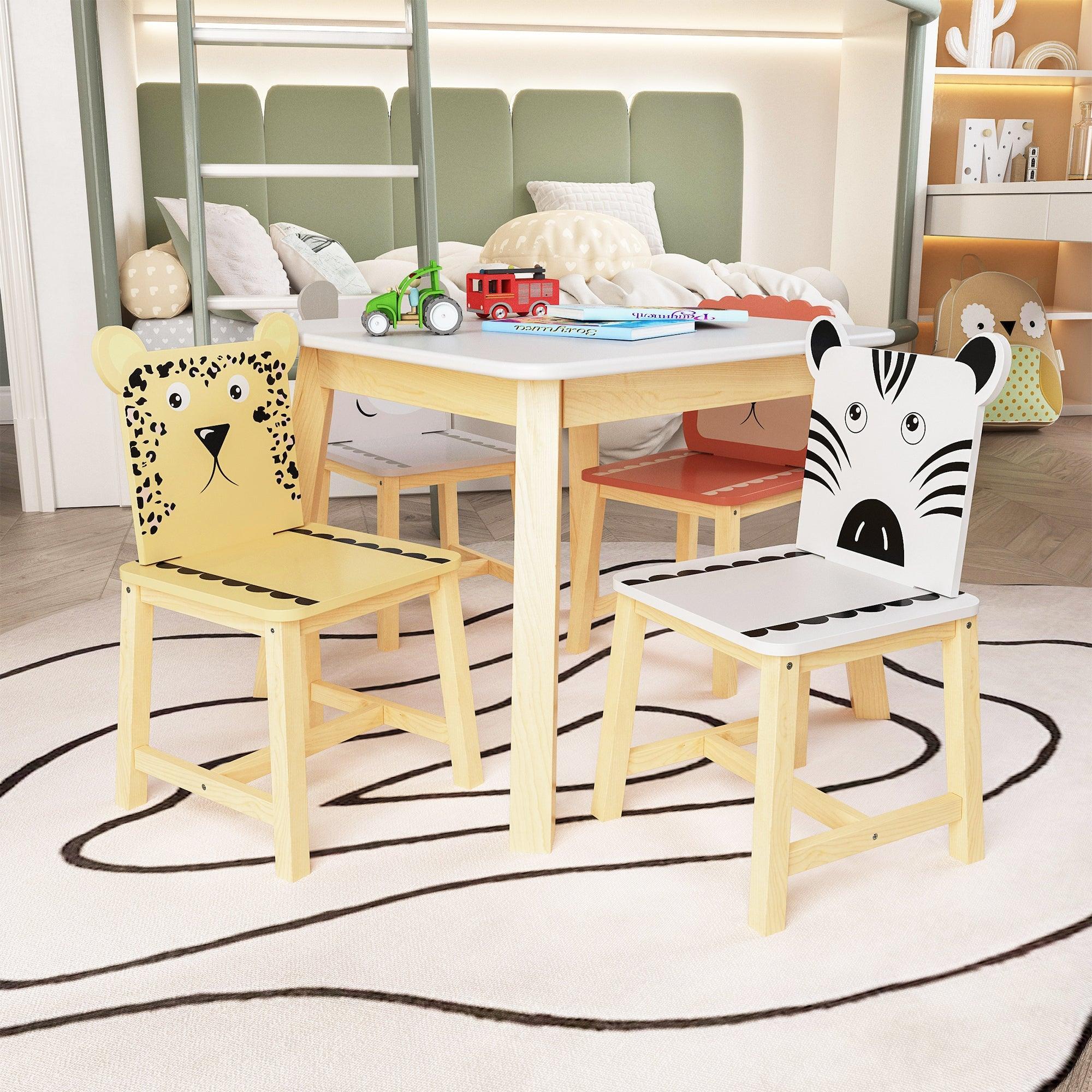 5 Piece Kids Wood Table And Cartoon Animals Chair Set (3-8 Years Old) LamCham