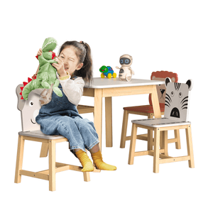 5 Piece Kids Wood Table And Cartoon Animals Chair Set (3-8 Years Old) LamCham