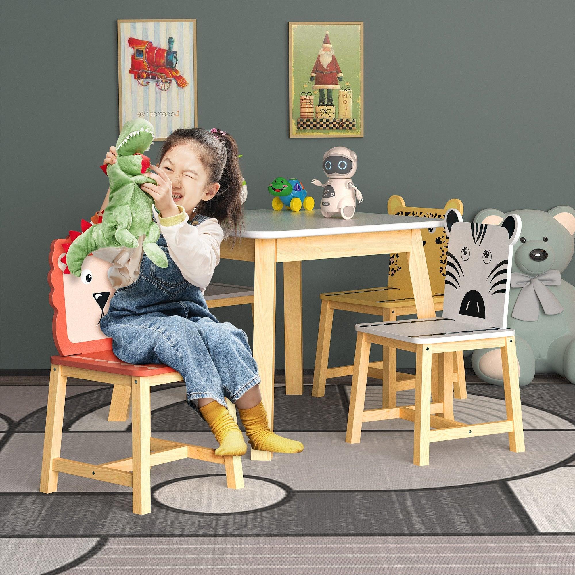 5 Piece Kids Wood Table And Cartoon Animals Chair Set (3-8 Years Old) LamCham
