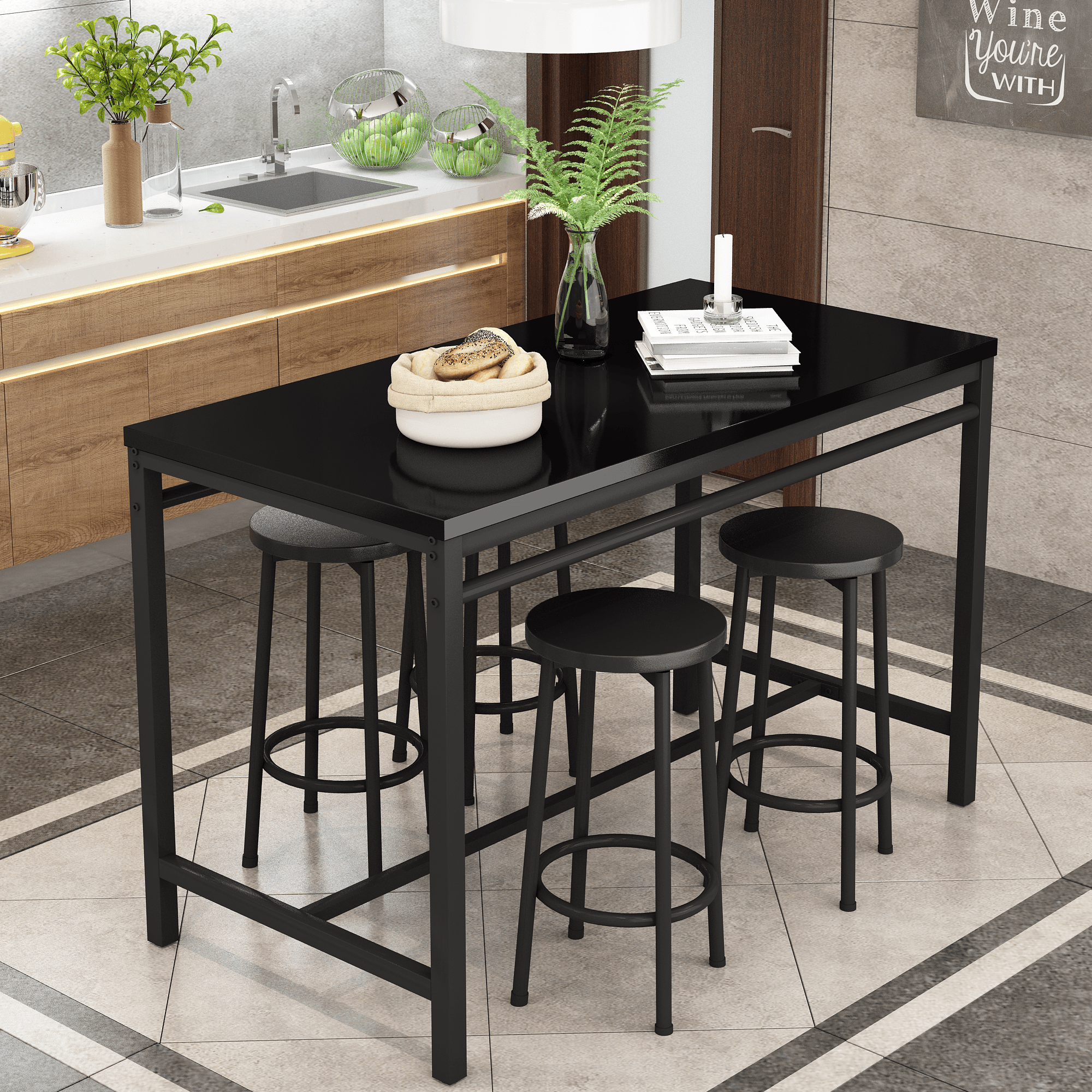 5-Piece Rural Kitchen Table With Four Bar Stools, Metal Frame And MDF, Black LamCham