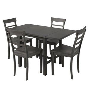 5-Piece Wood Square Drop Leaf Breakfast Nook Extendable Dining Table Set with 4 Ladder Back Chairs for Small Places, Gray LamCham