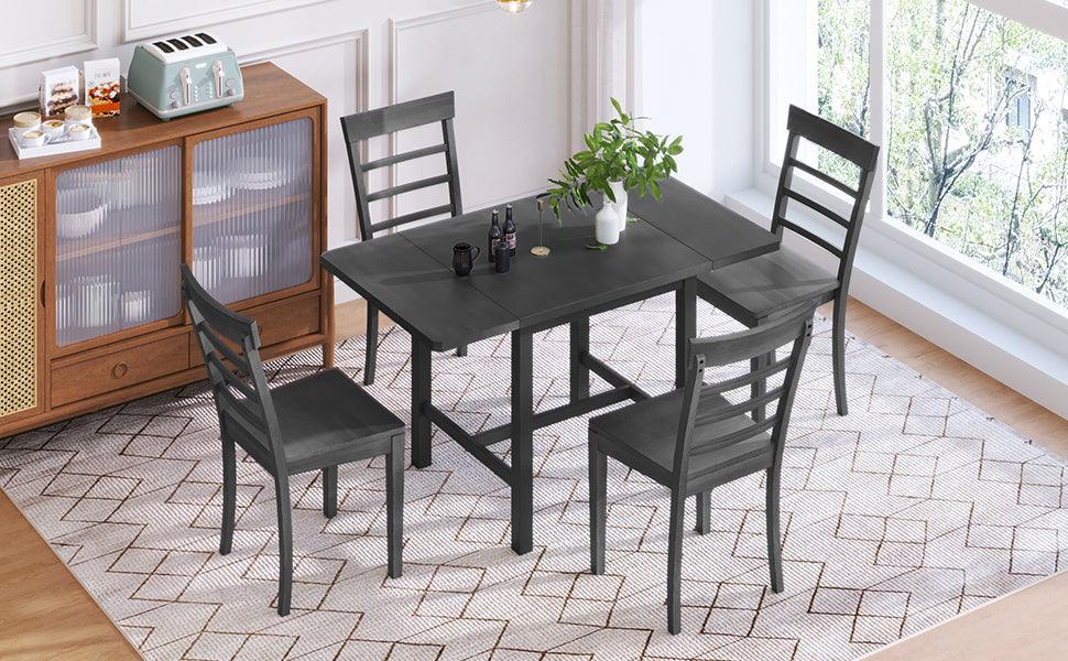 5-Piece Wood Square Drop Leaf Breakfast Nook Extendable Dining Table Set with 4 Ladder Back Chairs for Small Places, Gray LamCham