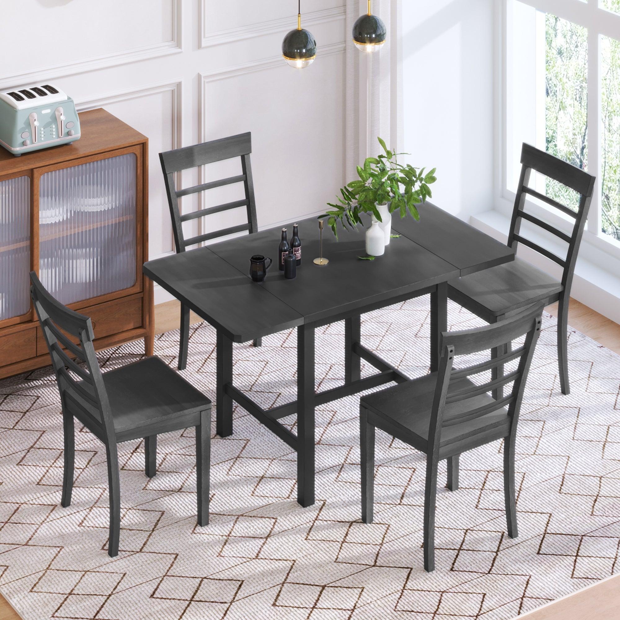 5-Piece Wood Square Drop Leaf Breakfast Nook Extendable Dining Table Set with 4 Ladder Back Chairs for Small Places, Gray LamCham