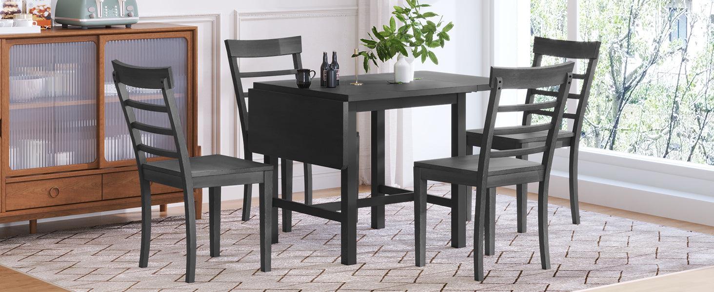 5-Piece Wood Square Drop Leaf Breakfast Nook Extendable Dining Table Set with 4 Ladder Back Chairs for Small Places, Gray LamCham