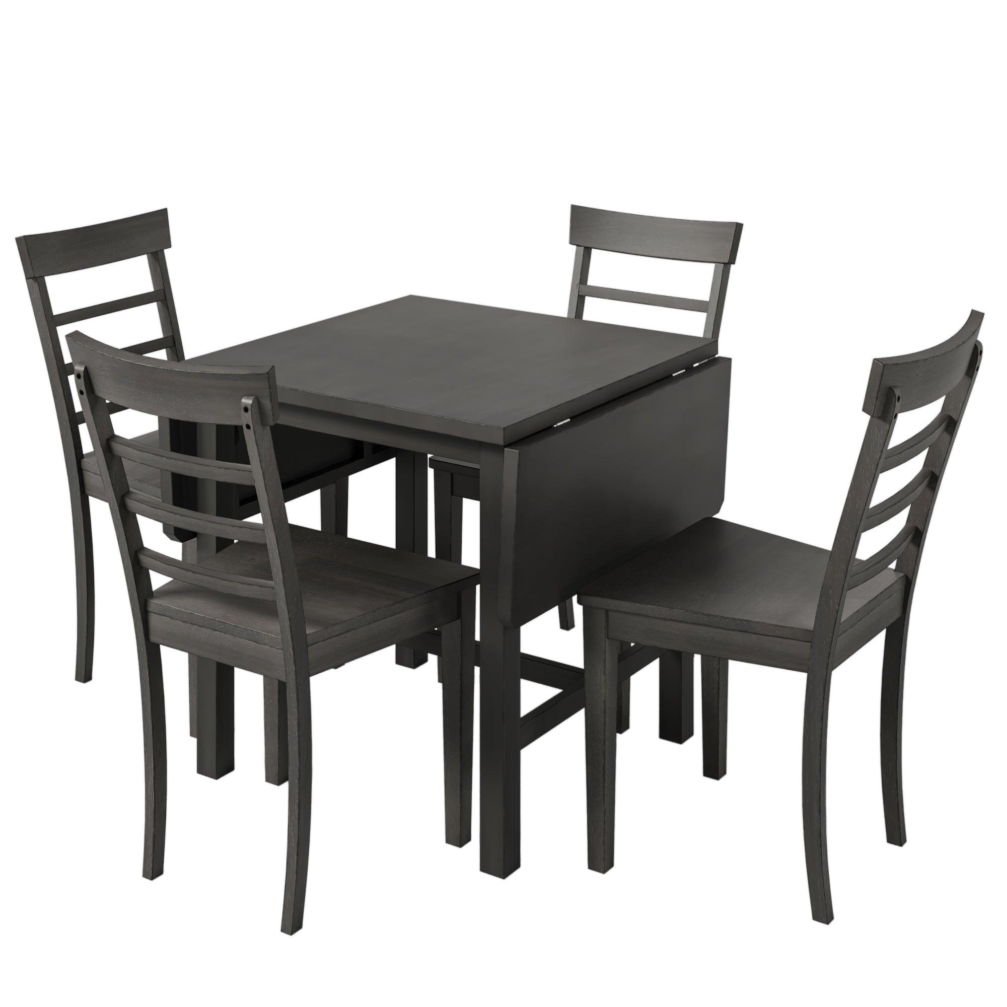 5-Piece Wood Square Drop Leaf Breakfast Nook Extendable Dining Table Set with 4 Ladder Back Chairs for Small Places, Gray LamCham